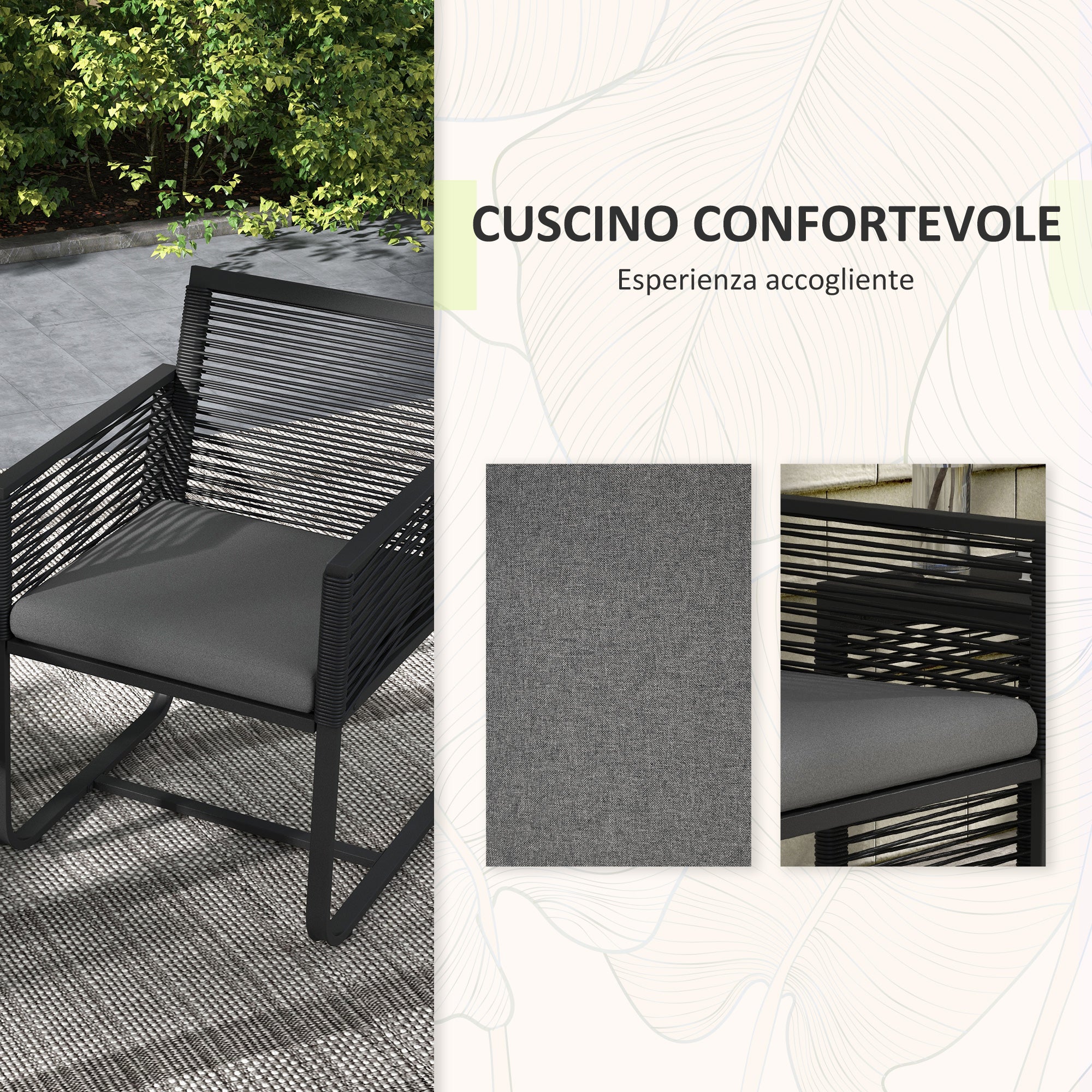 Rattan Garden Set with 2 Armchairs with Cushions and Glass Coffee Table, Black - Borgè