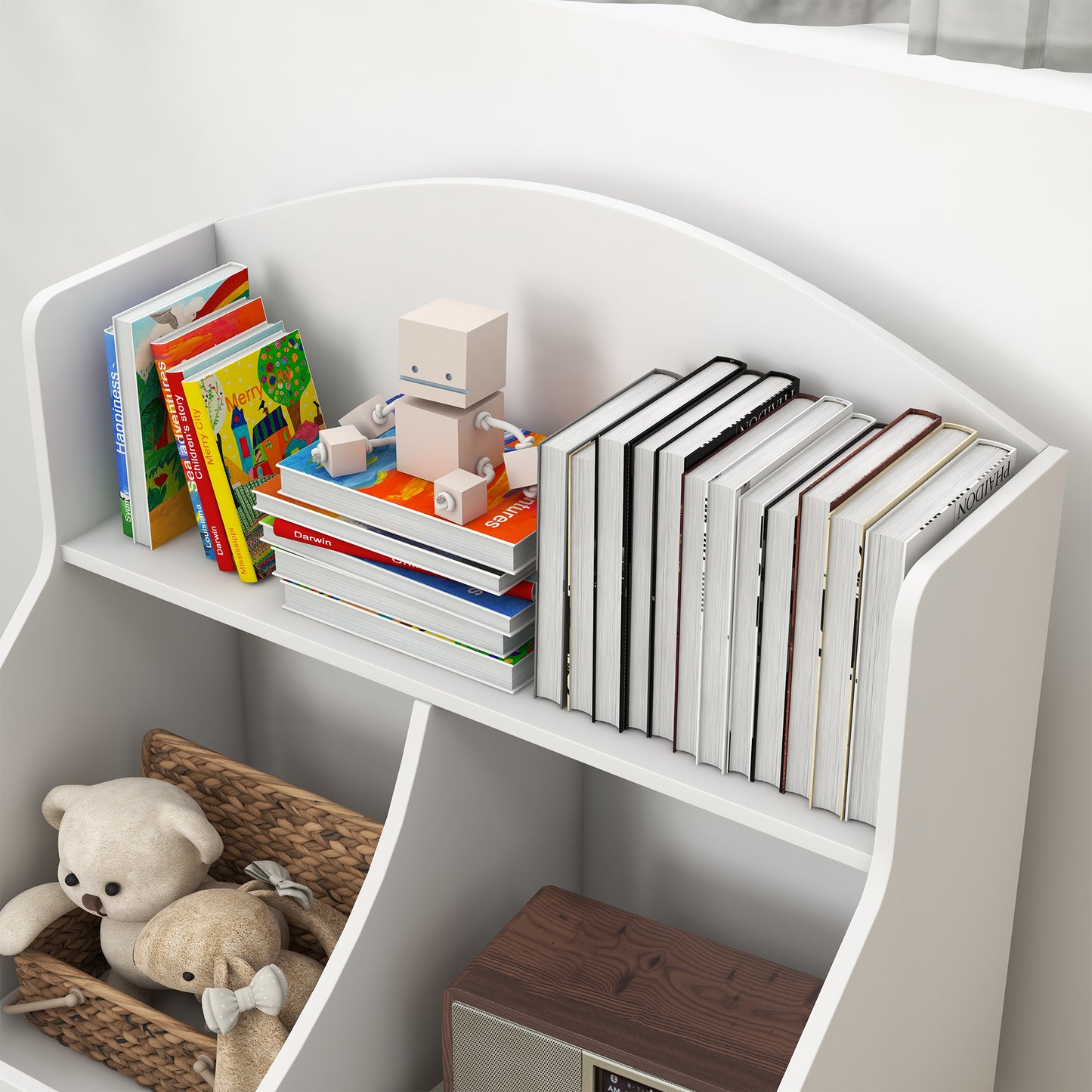 Bookcase 2-Tier Children's Bookcase with Drawer on Wheels for Toys and Books, 62x40x88 cm, White