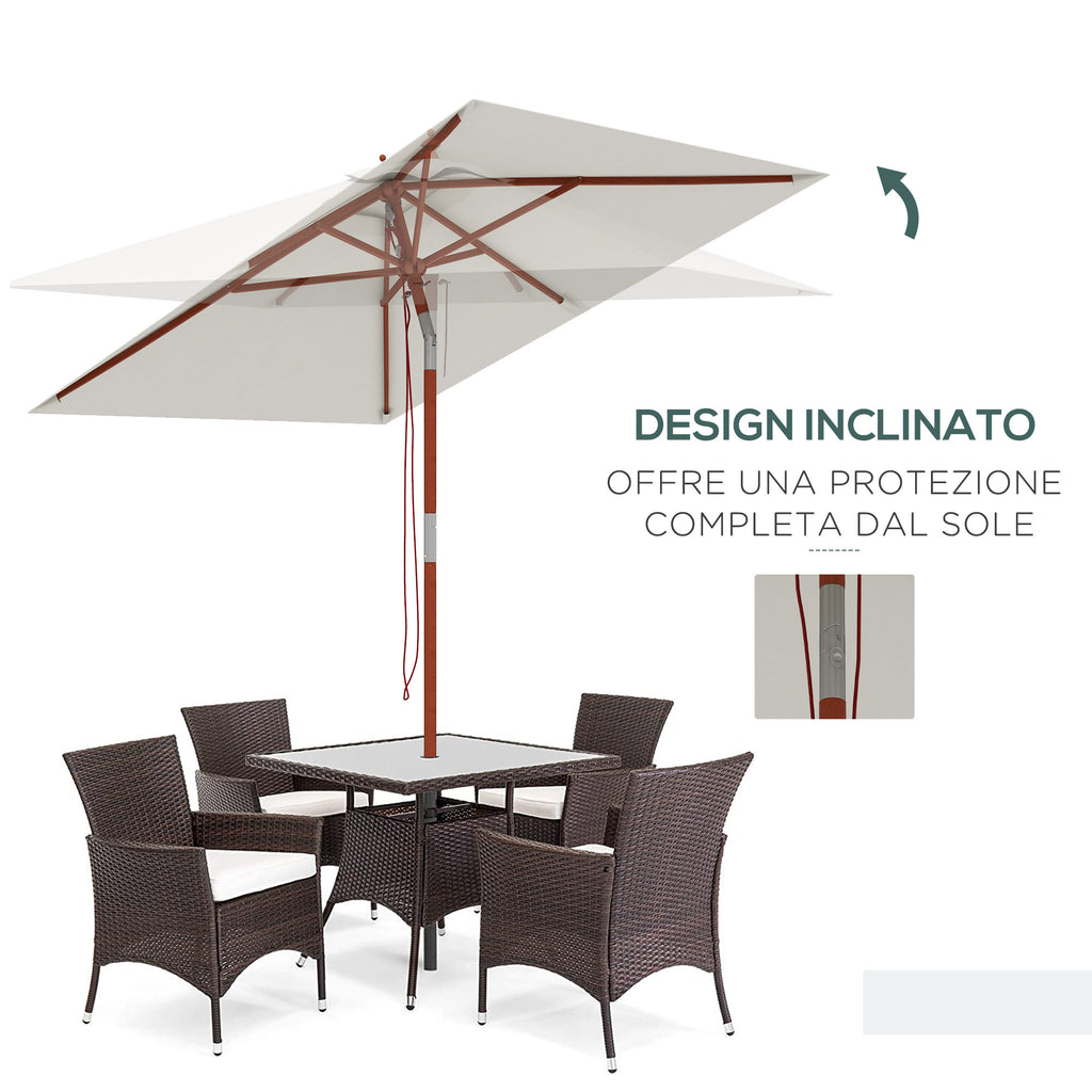 Rectangular Tilting Umbrella 2x1.5 m with 6 Ribs and Rope Opening, in Bamboo and Beige Polyester
