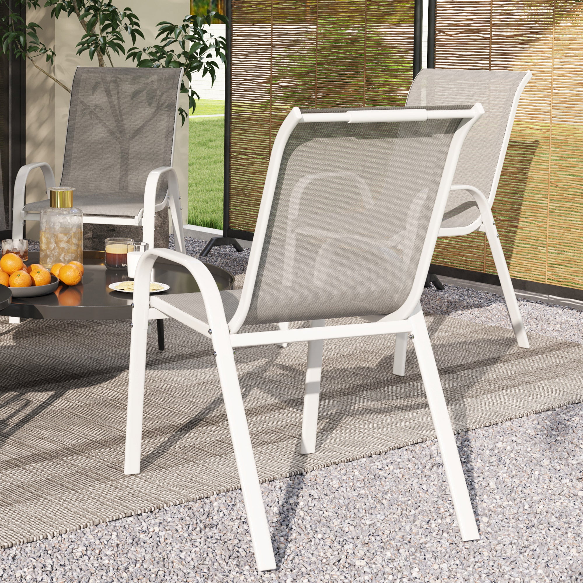 Outsunny Set of 4 Stackable Garden Chairs with Curved Armrests, Steel and Breathable Fabric, 54x71x93 cm, Grey and White