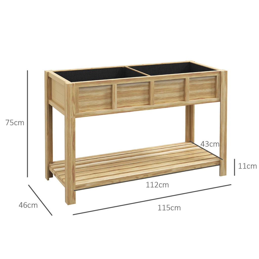 Outsunny Raised Wooden Planter with Bottom Shelf, Divider, Drainage Holes, 115x46x75 cm, Wood Color