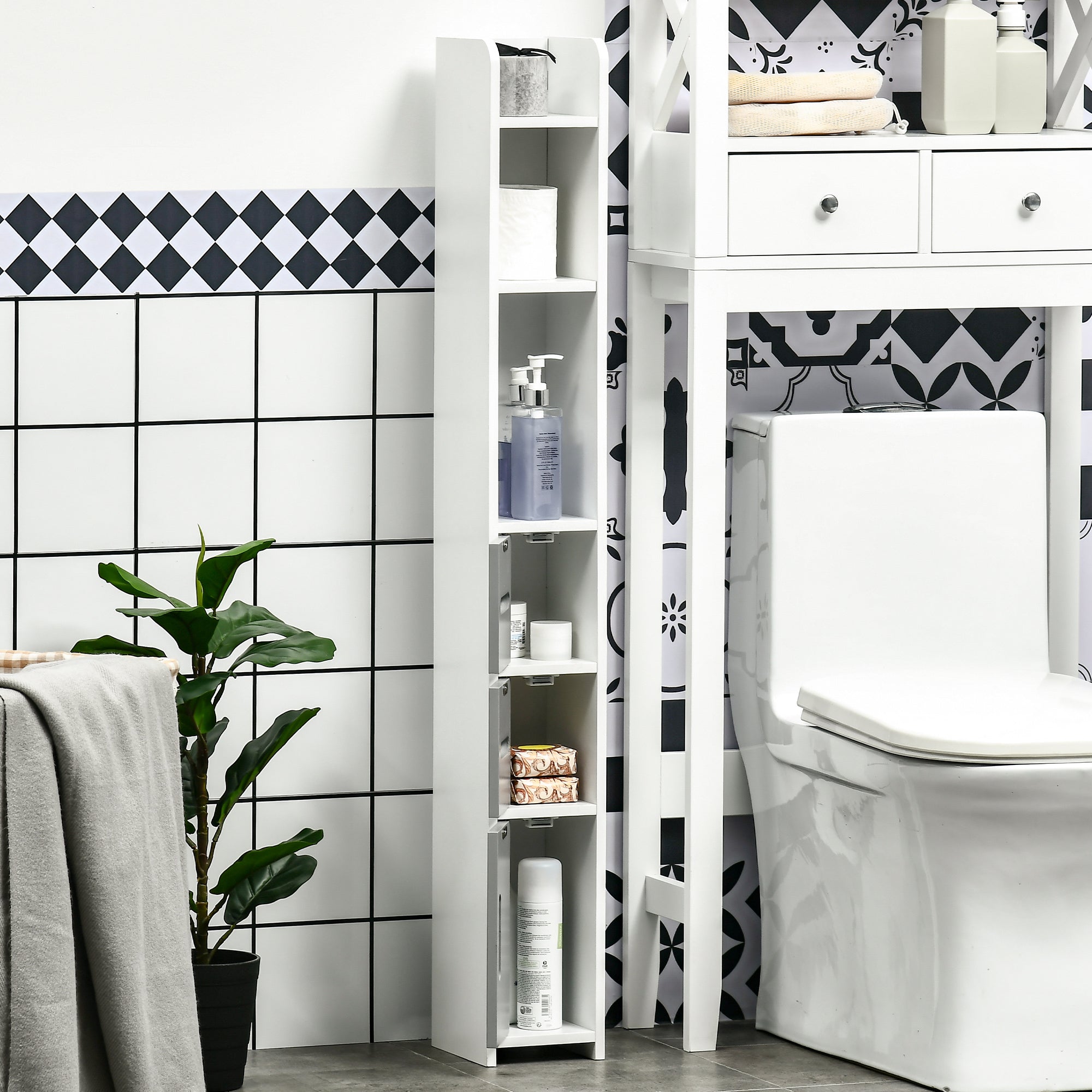 kleankin Bathroom Column with Shelves and Cabinets, Space-Saving Tall Wooden Cabinet 15x17x120cm, White and Grey