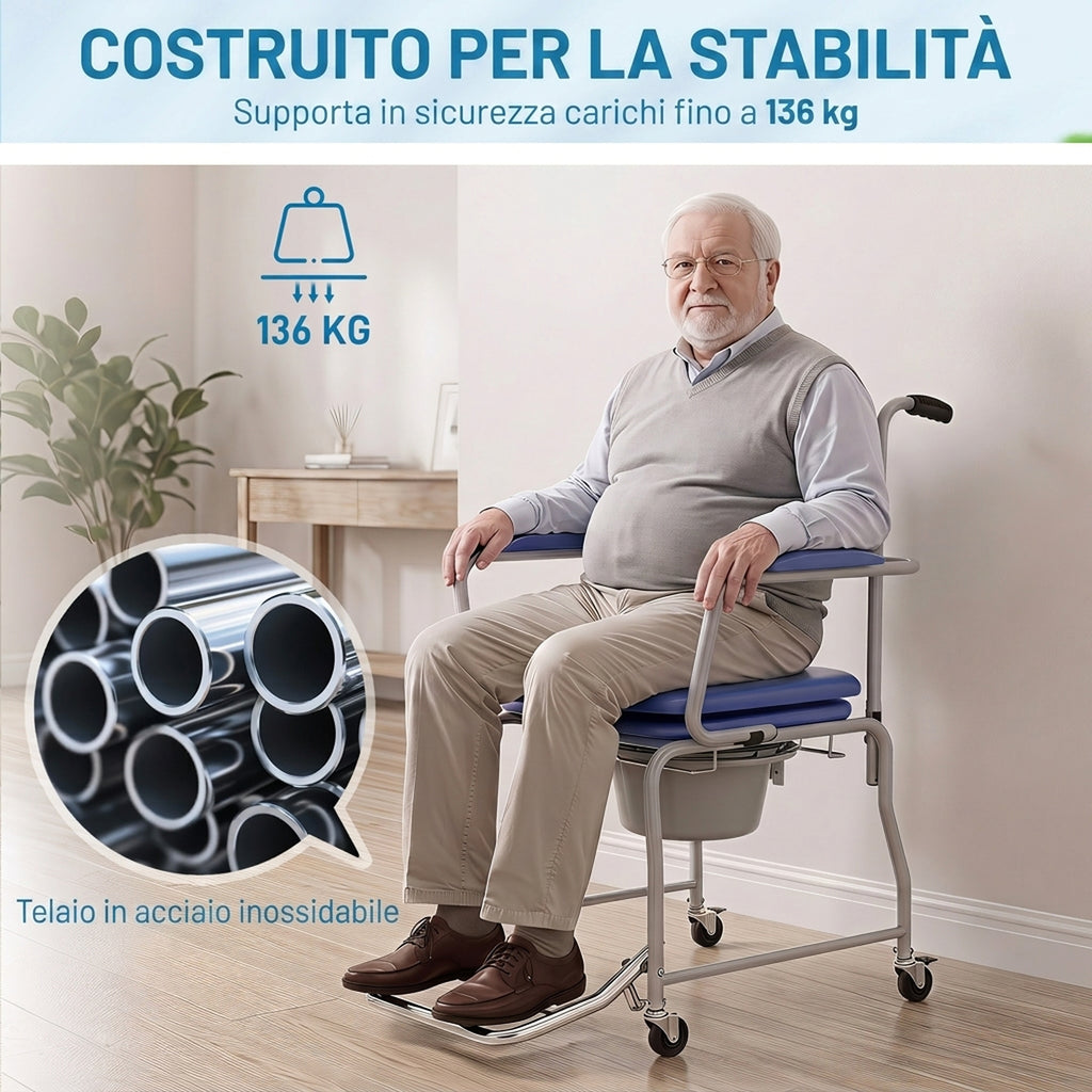 HOMCOM Shower Chair with Wheels, Comfortable Padded Wheelchair with Folding Armrests
