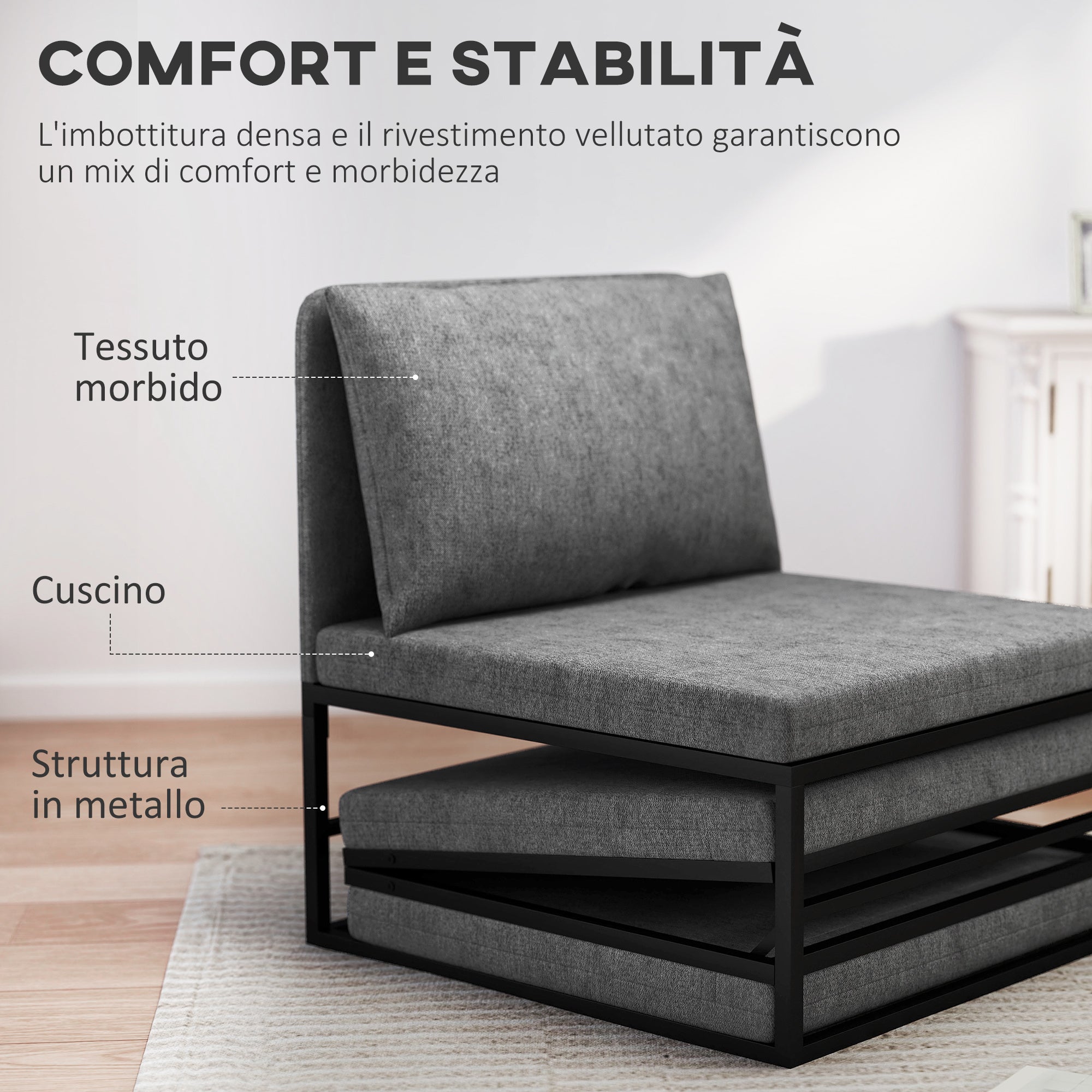 Armchair Bed with Cushion and Protective Cover, in Linen Effect Fabric and Metal, 66x70x74 cm, Grey
