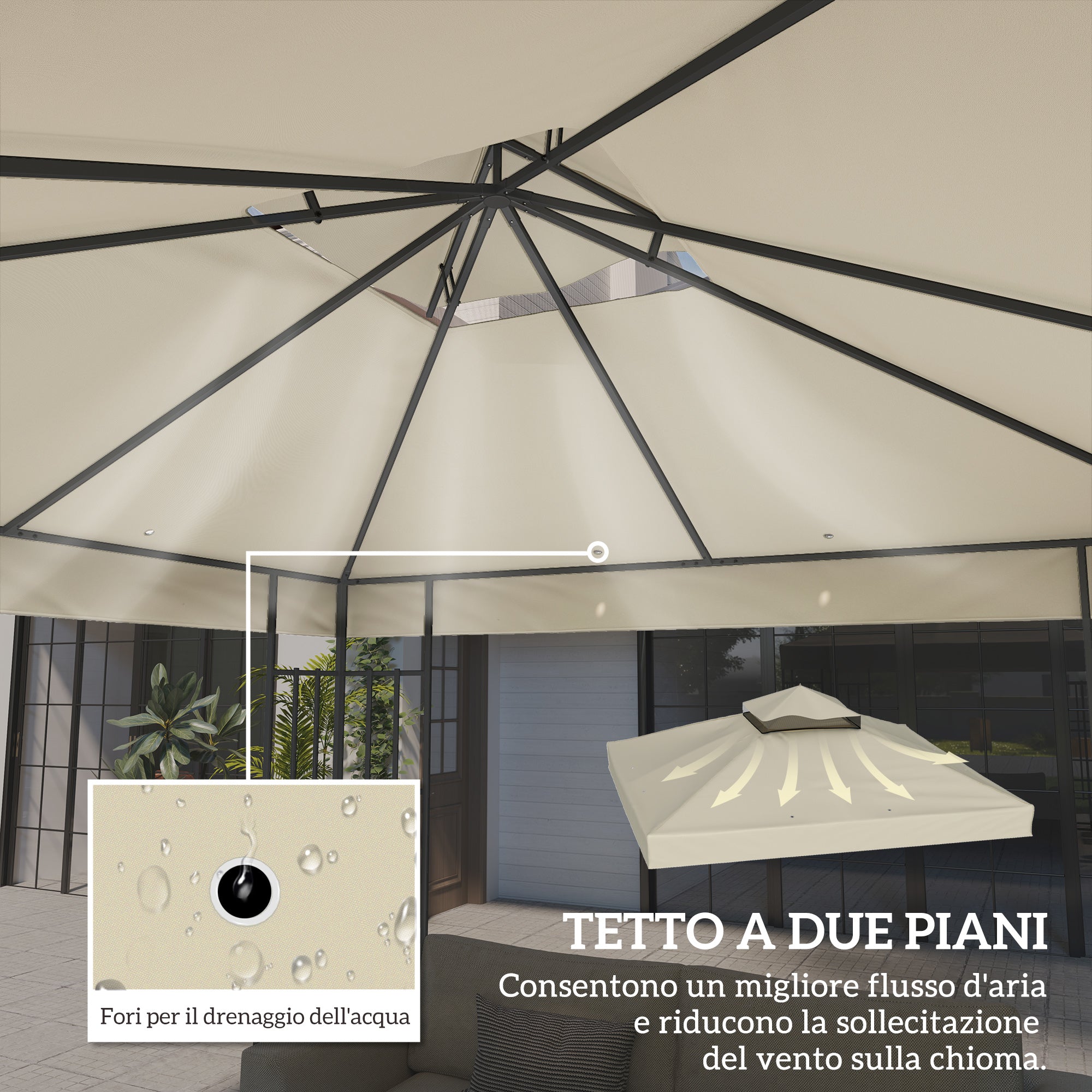 Garden Gazebo Cover 3x3m, 2-Tier UPF30+ Replacement Roof in Polyester, Cream
