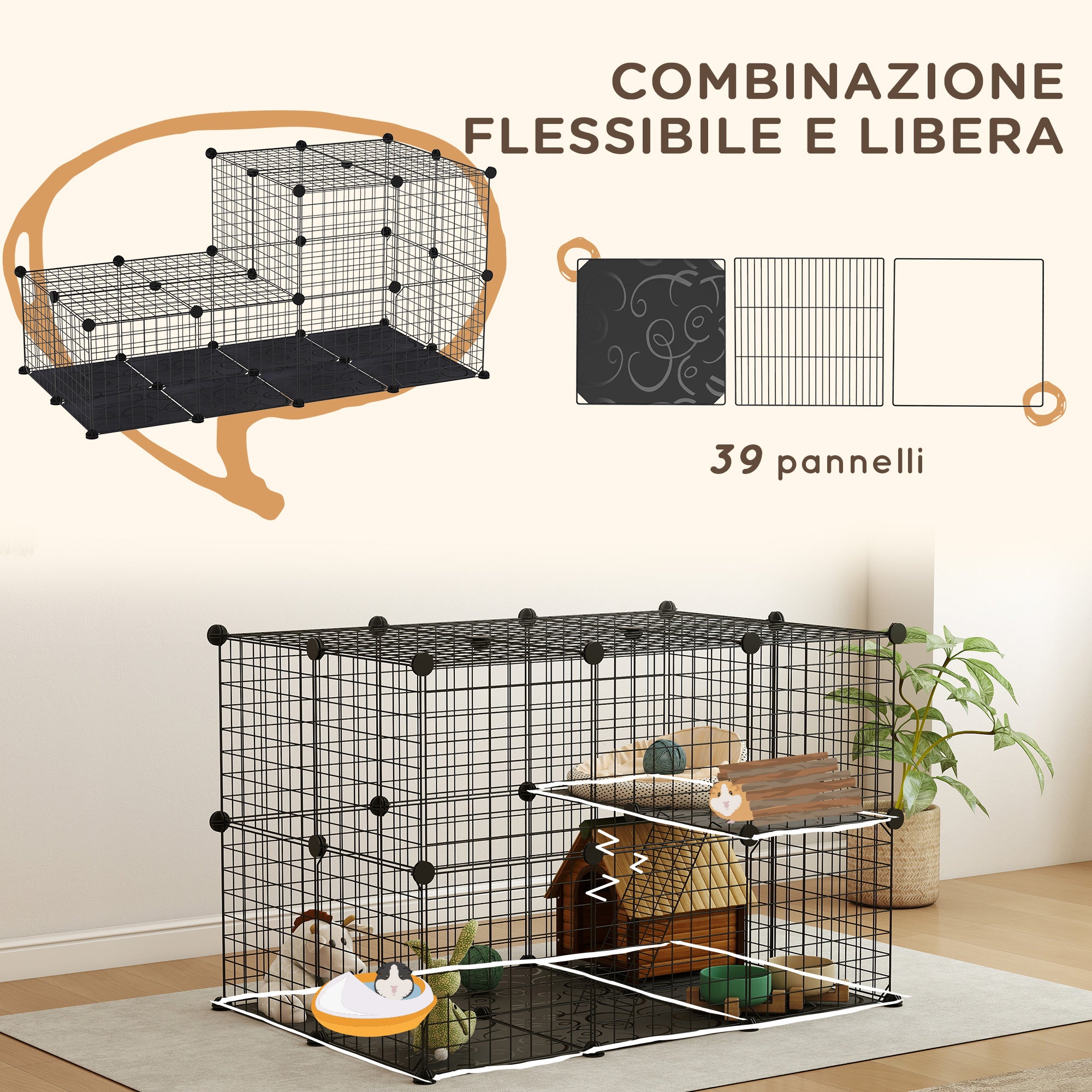 Modular Rabbit and Guinea Pig Cage with 3 Doors and Steel Wire, Black