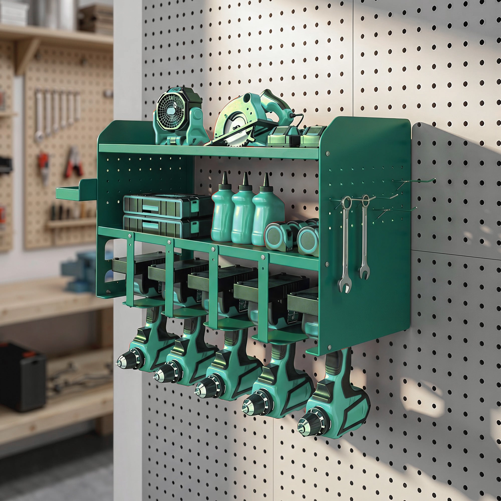 Outsunny Tool Holder with 5-Hole Drill Stand and Side Tray, Green