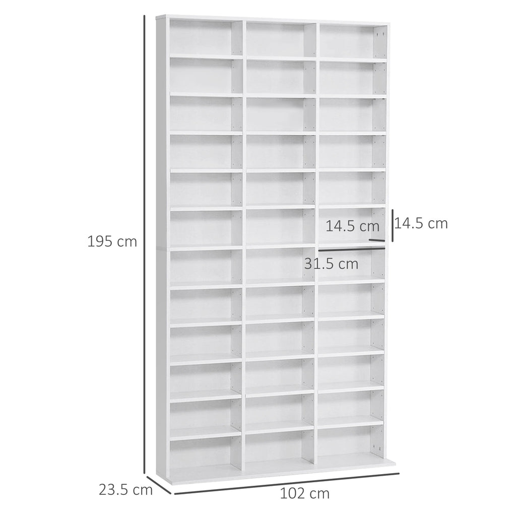 Wooden CD Bookcase with 3 Columns and 12 Adjustable Shelves, 102 x 23.5 x 195 cm, White