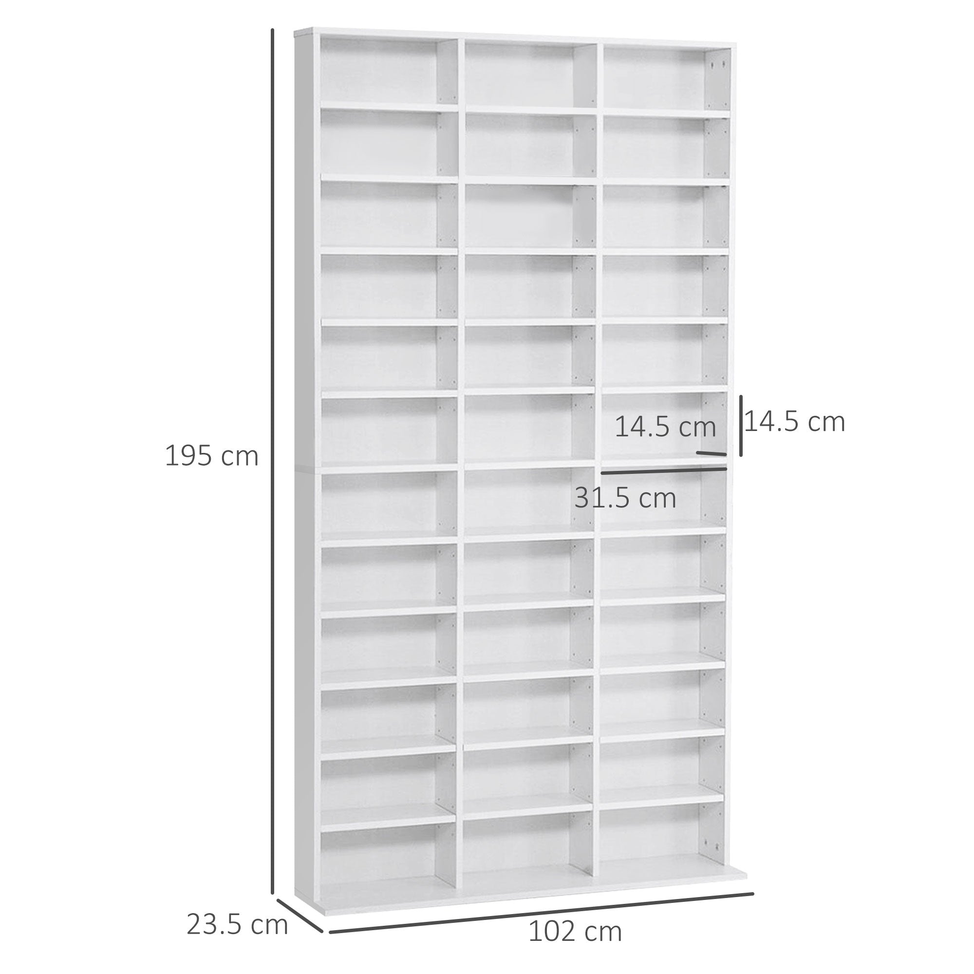 Wooden CD Bookcase with 3 Columns and 12 Adjustable Shelves, 102 x 23.5 x 195 cm, White
