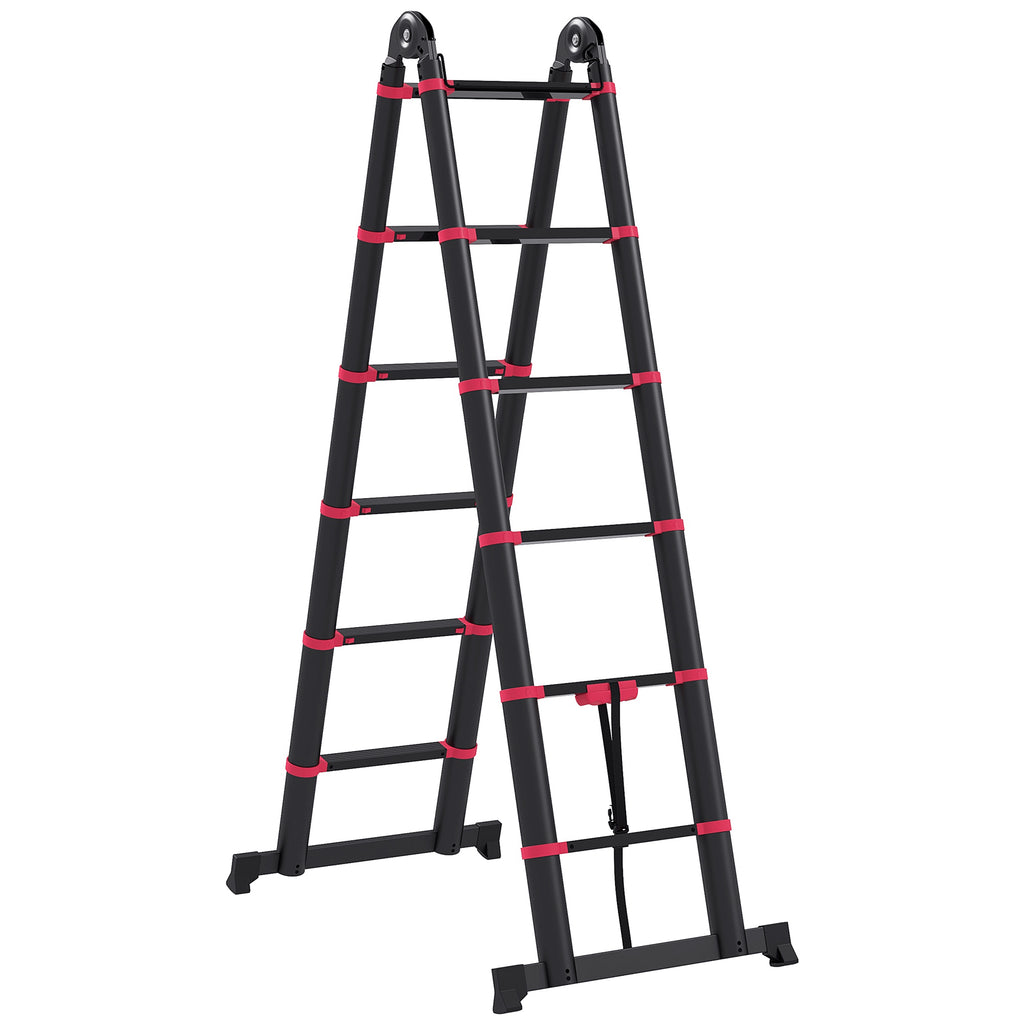12-Step Folding Telescopic Ladder, Aluminum and Nylon, 379 x 67.5 x 11 cm, Black and Red