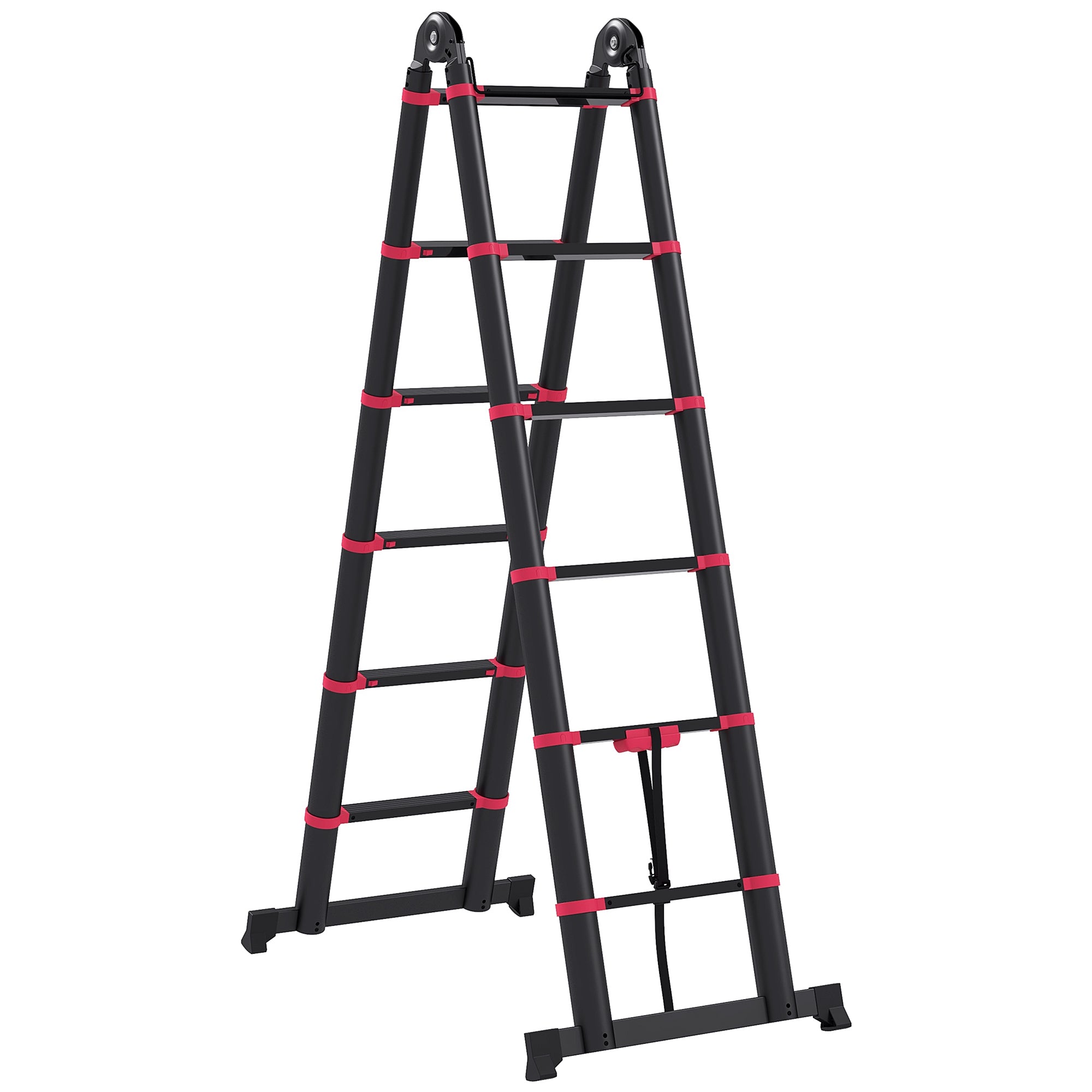 12-Step Folding Telescopic Ladder, Aluminum and Nylon, 379 x 67.5 x 11 cm, Black and Red