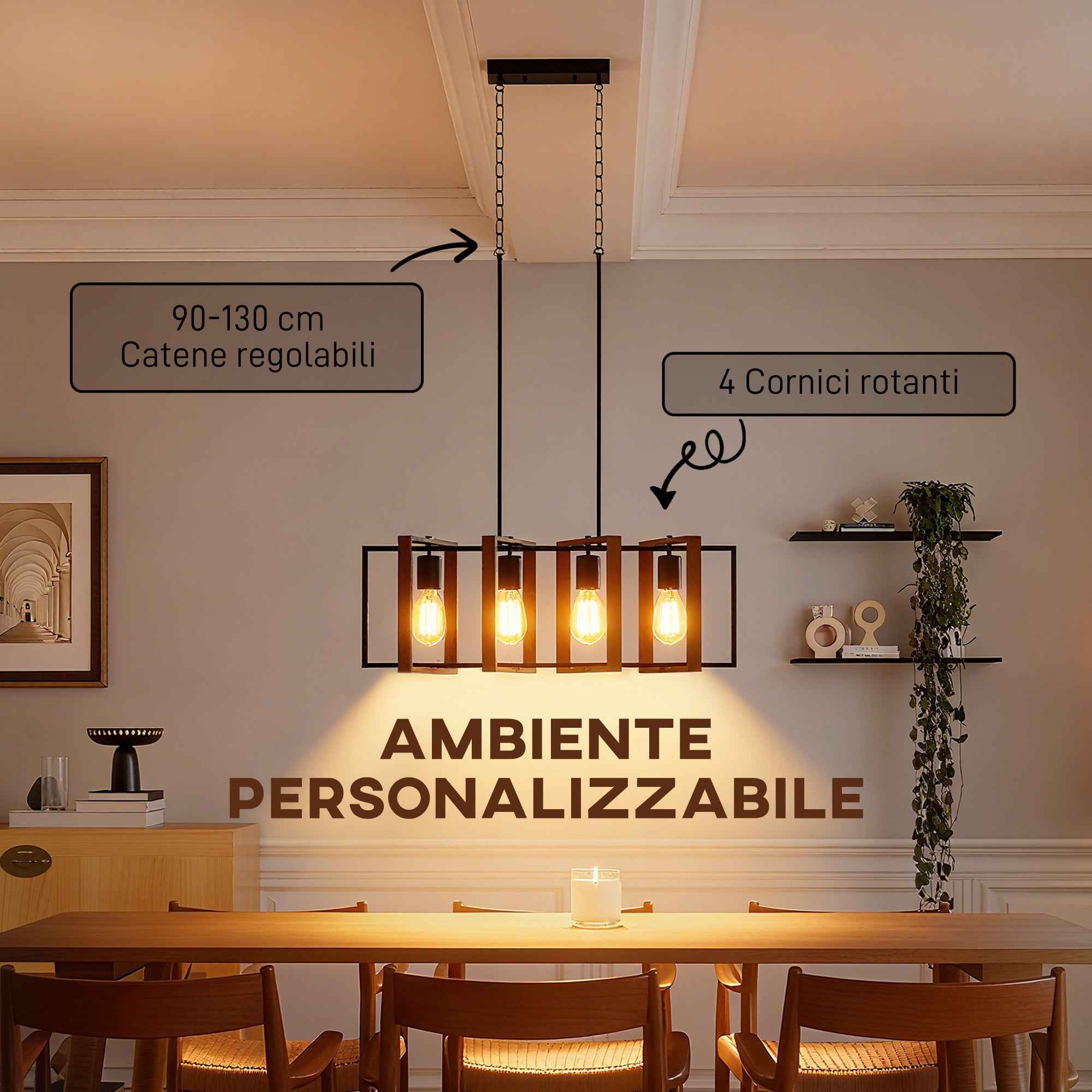 HOMCOM Rustic Pendant Light with 4 Rotatable Frames and Adjustable Chain, 80x21x90-130 cm, Black and Brown