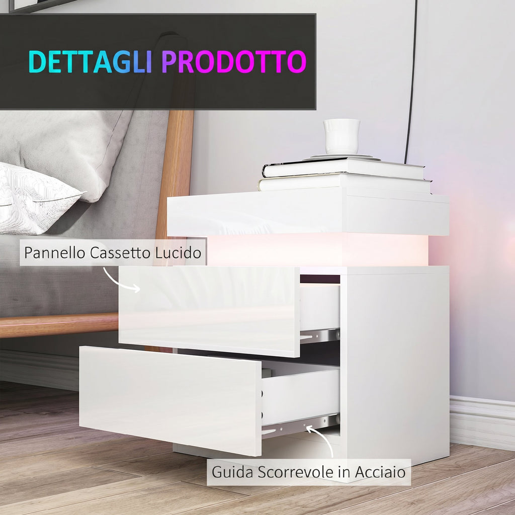 HOMCOM Set of 2 LED Nightstands with 16 Colors and 4 Modes with 2 Drawers, Wooden, 45x35x52 cm, Glossy White
