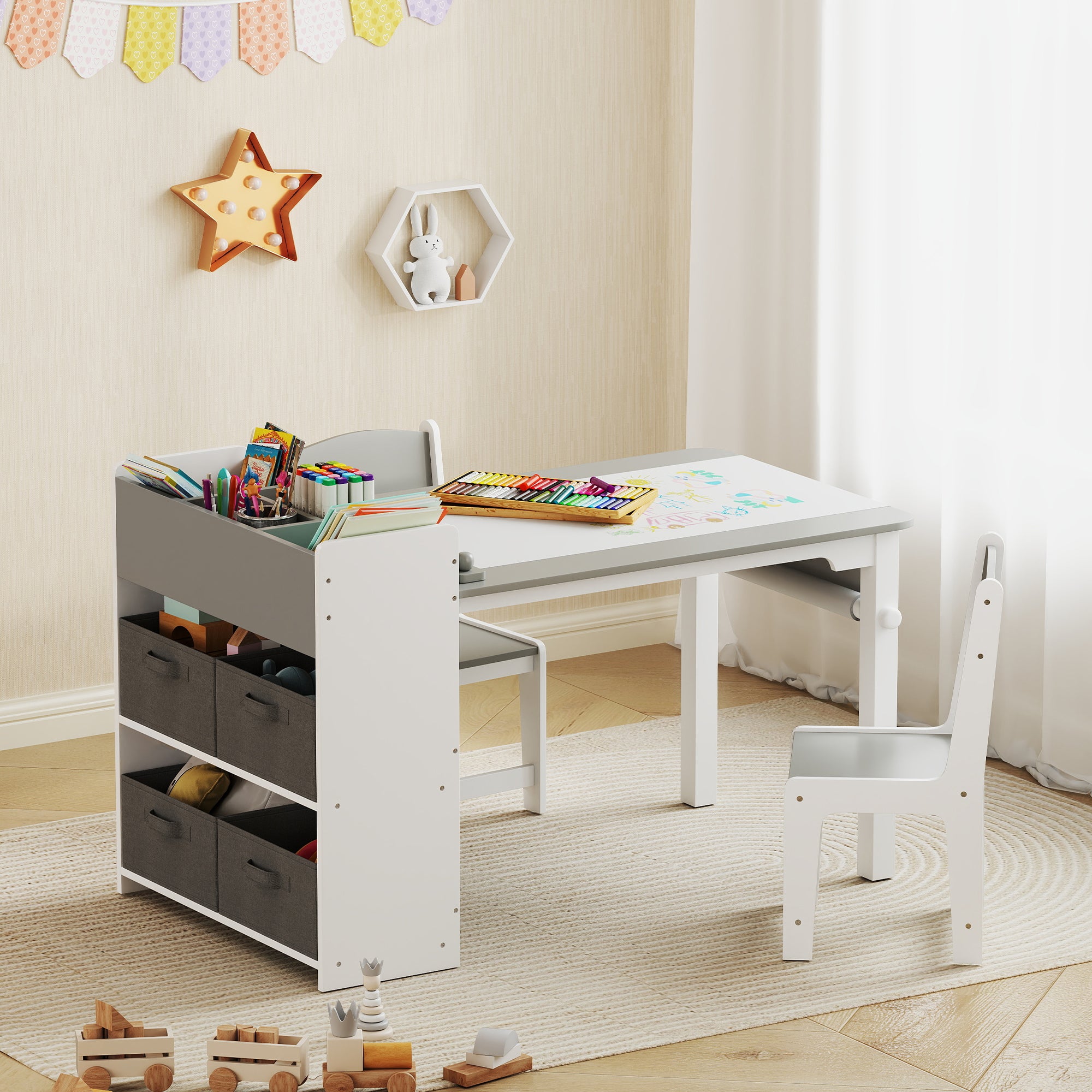 Children's Table and Chair Set with 2 Chairs and Storage Table, Made of Wood and Non-Woven Fabric, Grey and White