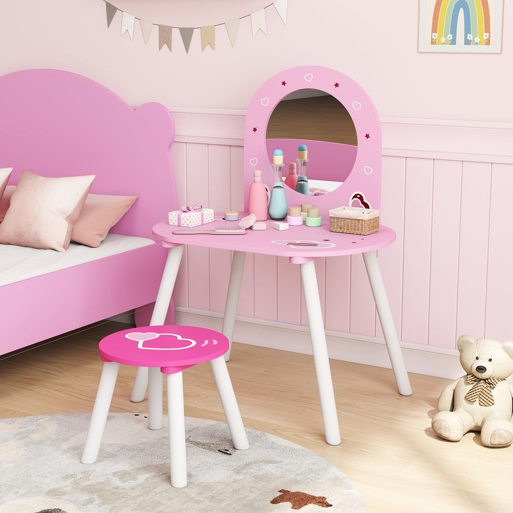 AIYAPLAY Girls' Makeup Vanity Set with Stool, Shatterproof Mirror, Heart Design, Pink