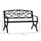 Outsunny 2-Seater Steel and Cast Iron Garden Bench with Armrests and Decoration, 128x58.5x85cm, Black
