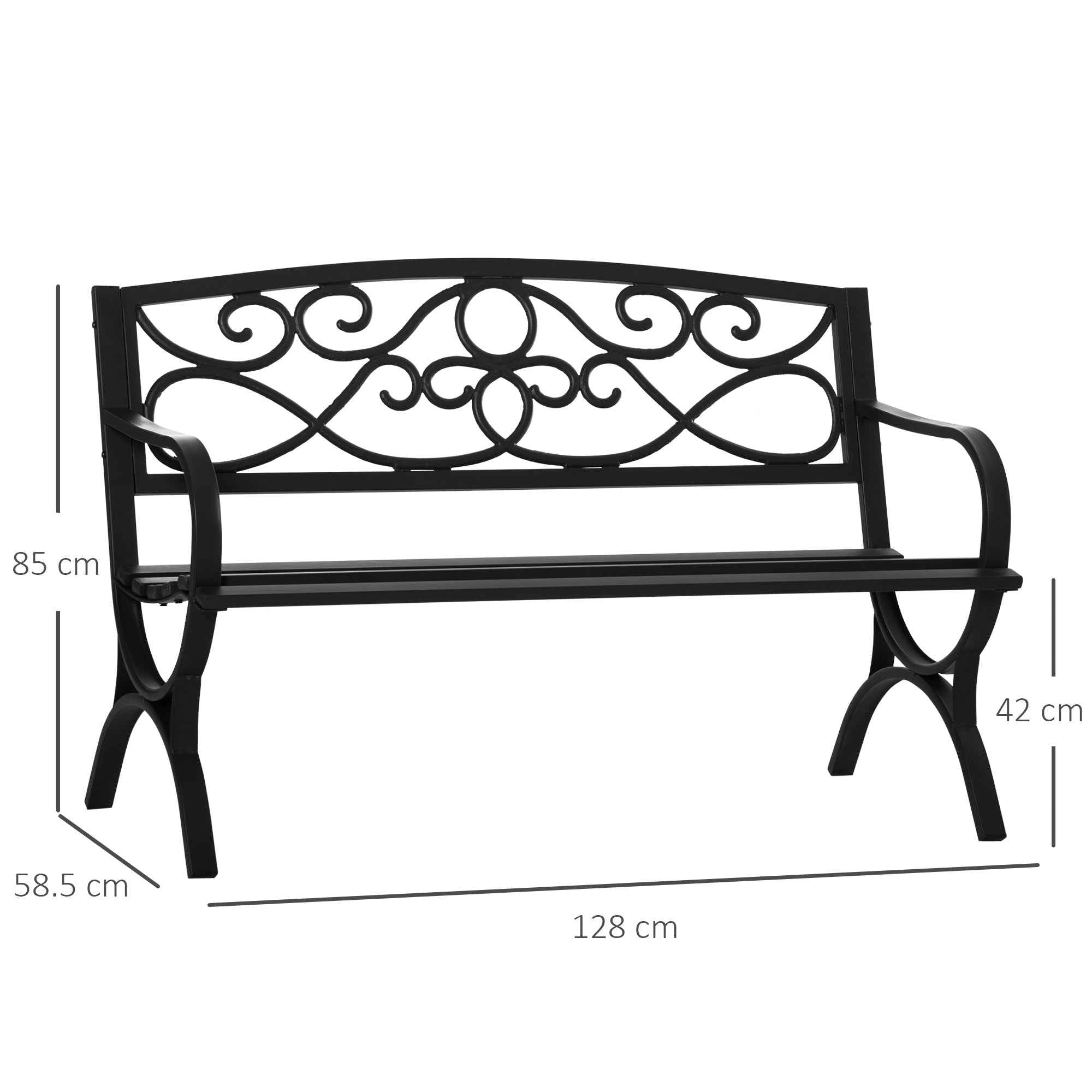 Outsunny 2-Seater Steel and Cast Iron Garden Bench with Armrests and Decoration, 128x58.5x85cm, Black