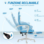 Reclining Gaming Chair with Footrest and Cushions, Faux Leather and Sponge, 65x62x116-124 cm, White and Blue