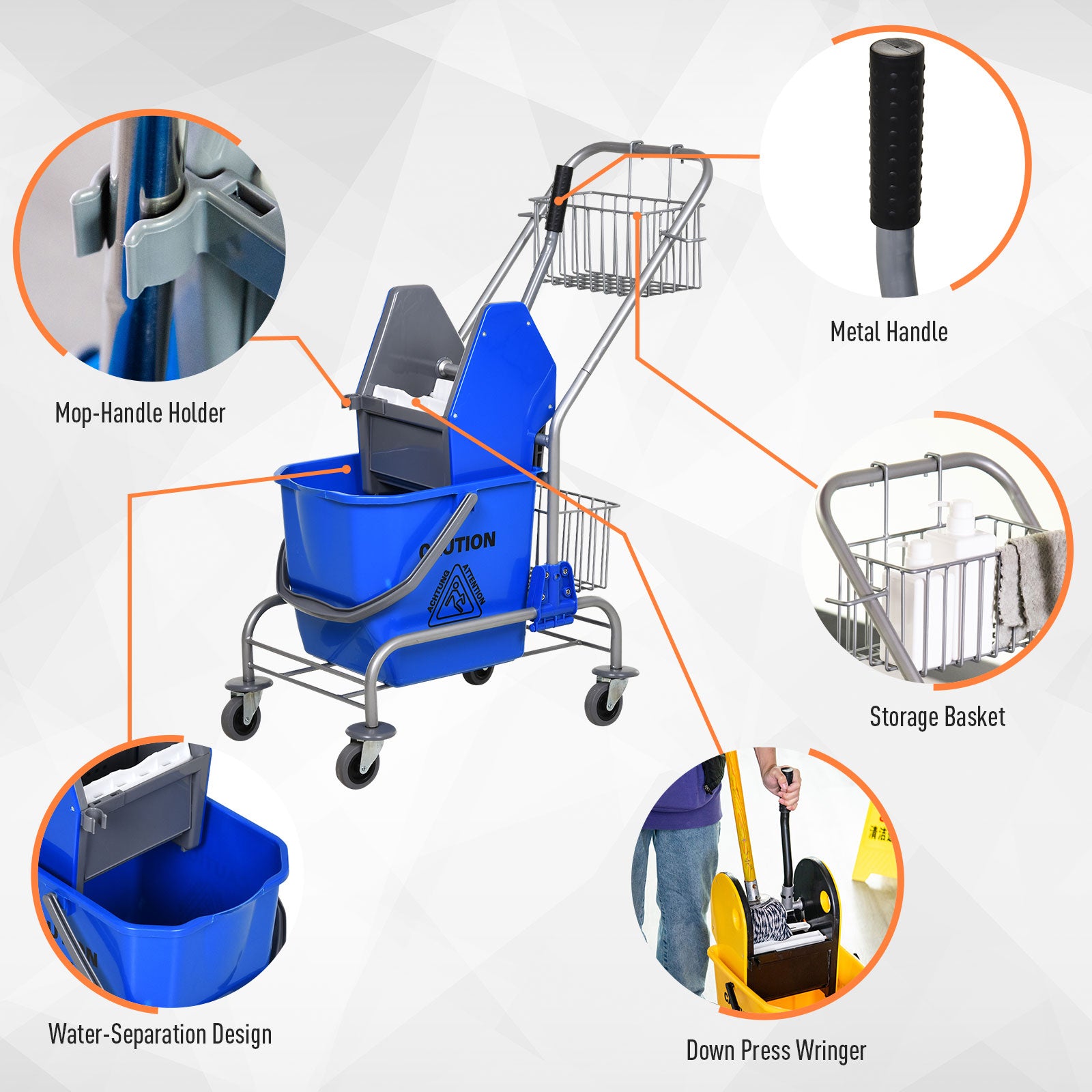 Professional Cleaning Trolley with 26L Bucket for Mop, Wringer and Mesh Baskets, Blue