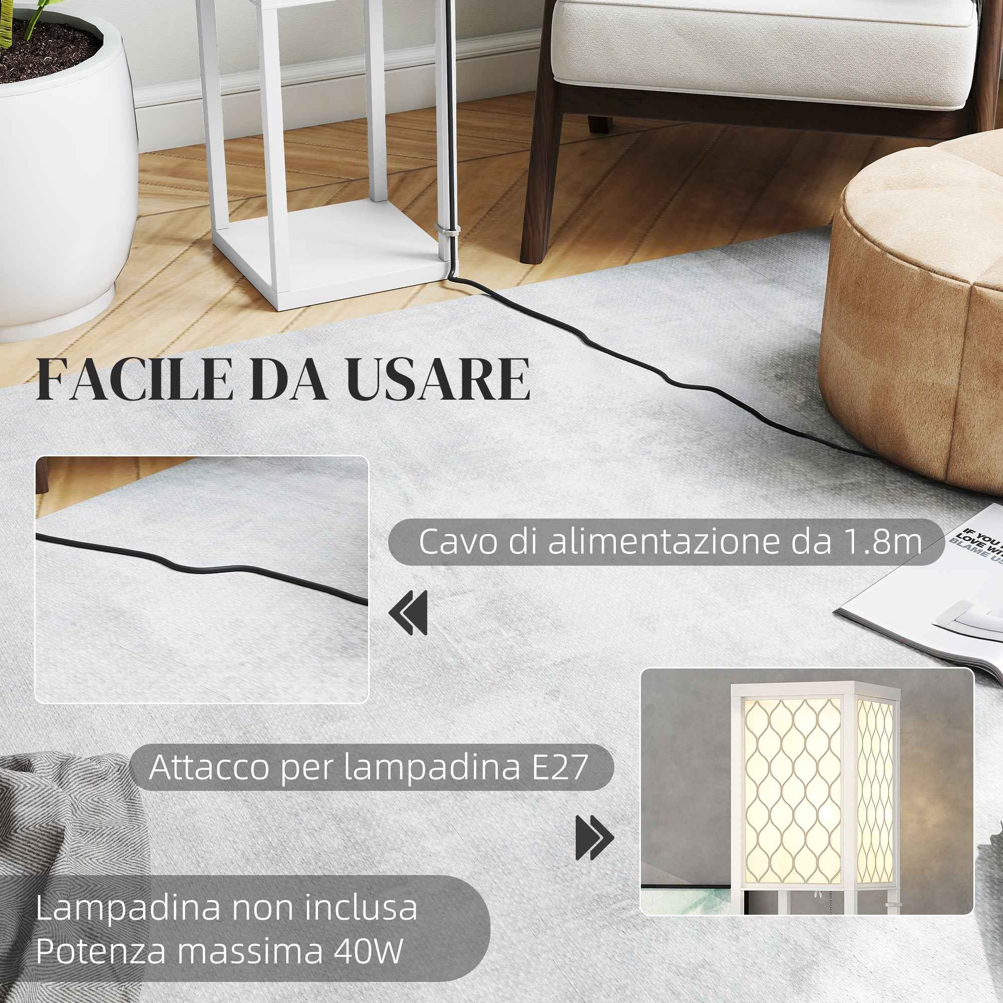 HOMCOM 2-in-1 Modern Floor Lamp with 3 Shelves, E27 Socket, 26 x 26 x 160 cm, White