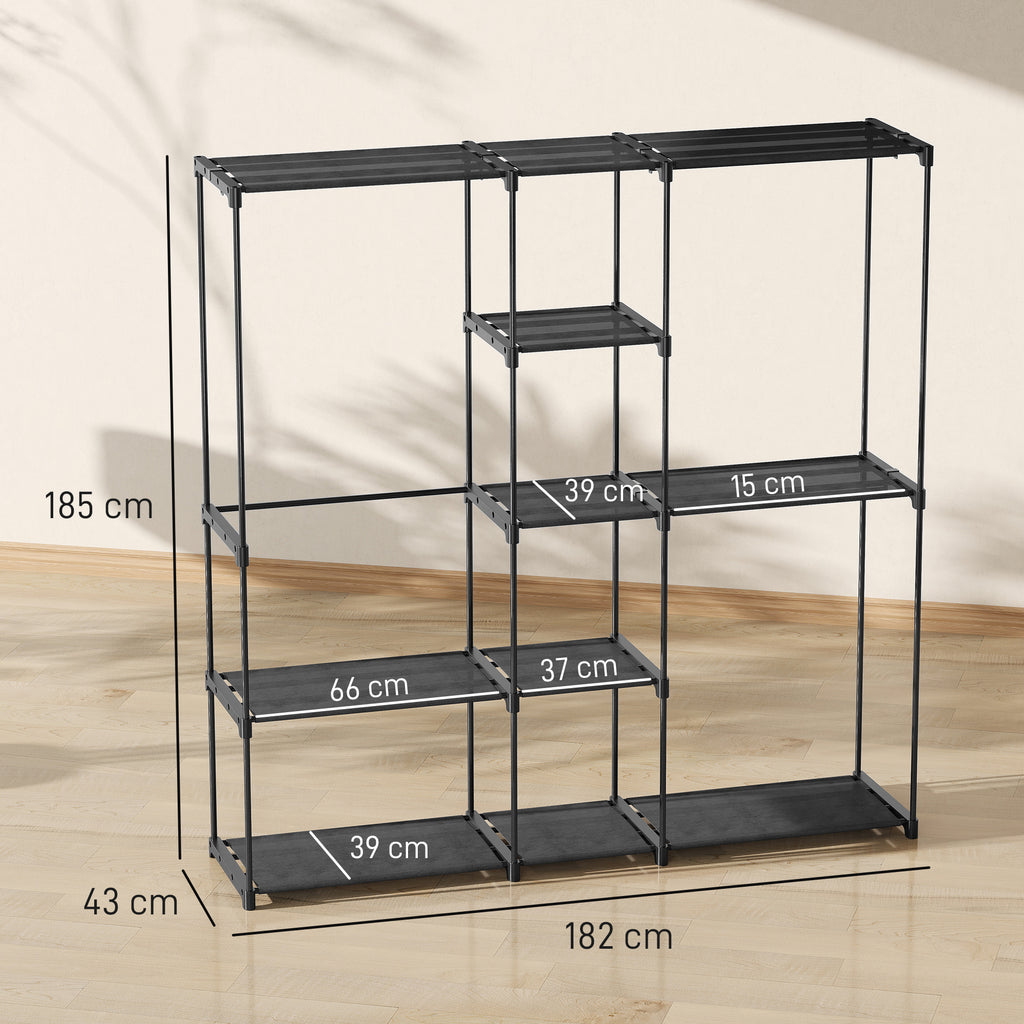 Fabric Wardrobe with 8 Shelves and 3 Hanging Rods, 182x43x185 cm, Black