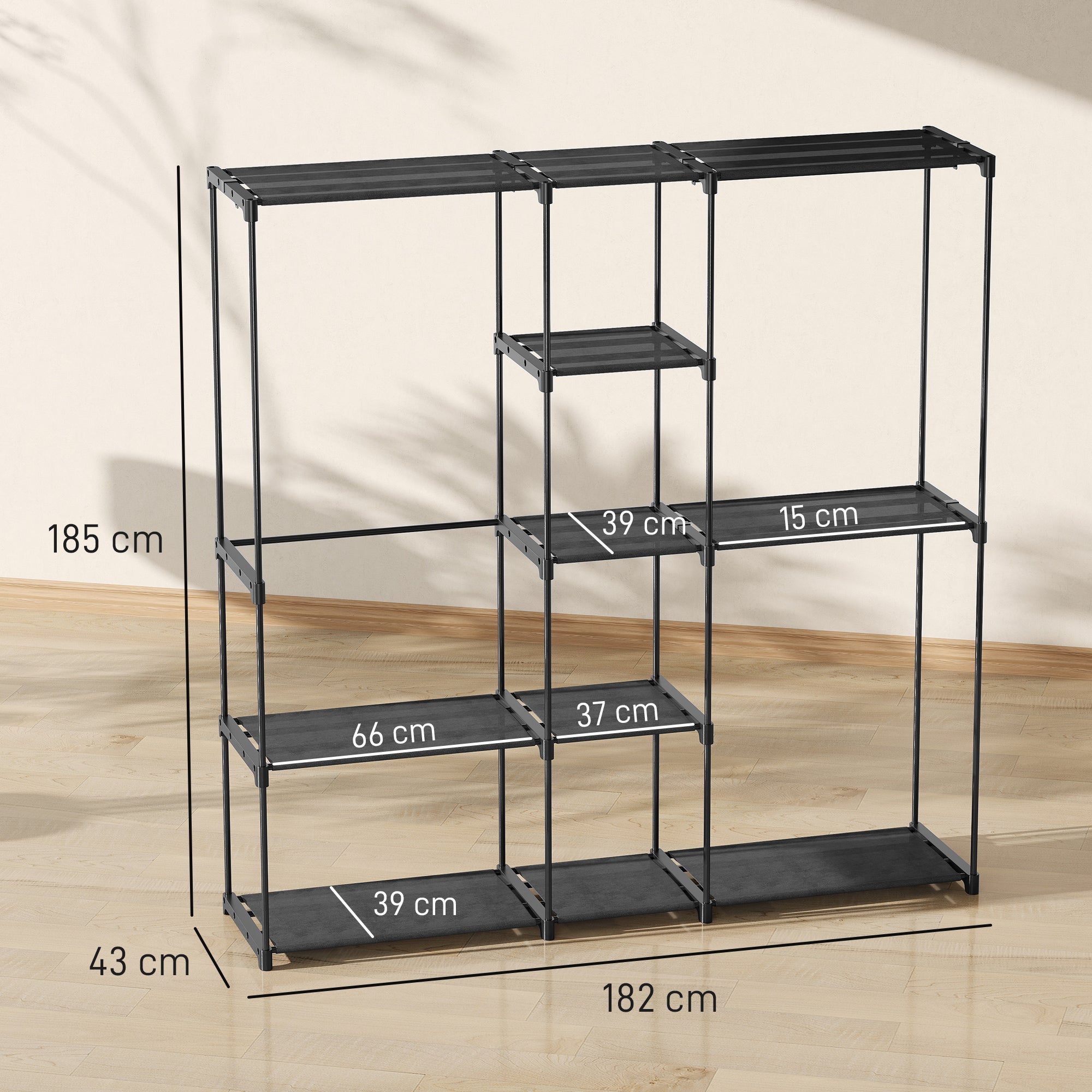 Fabric Wardrobe with 8 Shelves and 3 Hanging Rods, 182x43x185 cm, Black