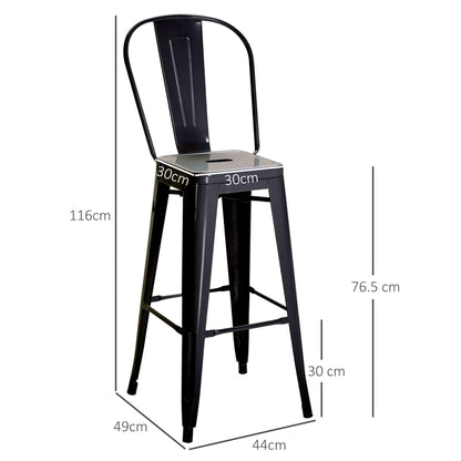 Set of 2 Industrial Bar Stools with Removable Backrest and Footrest, in Metal, 44x49x116 cm, Black