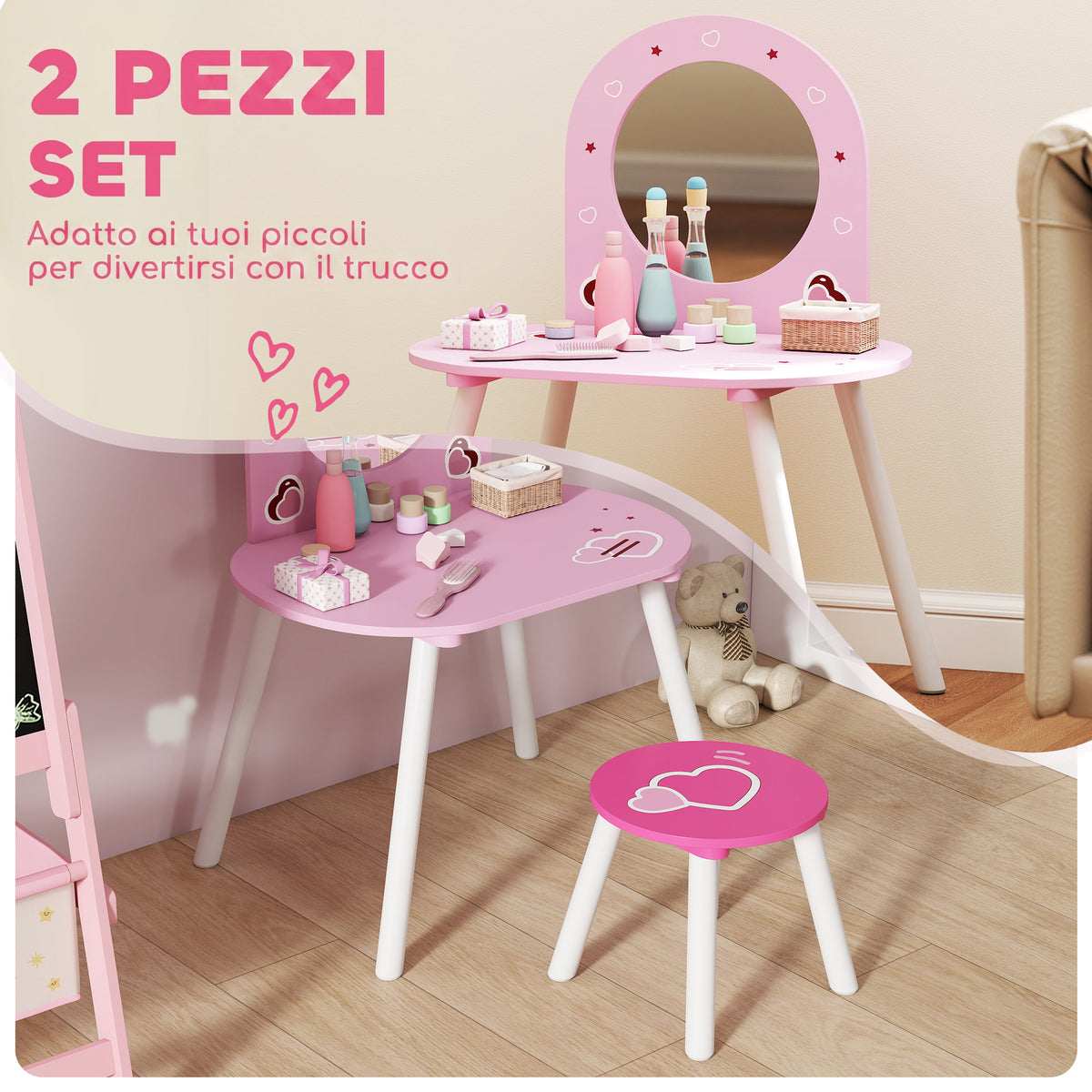 AIYAPLAY Girls' Makeup Vanity Set with Stool, Shatterproof Mirror, Heart Design, Pink