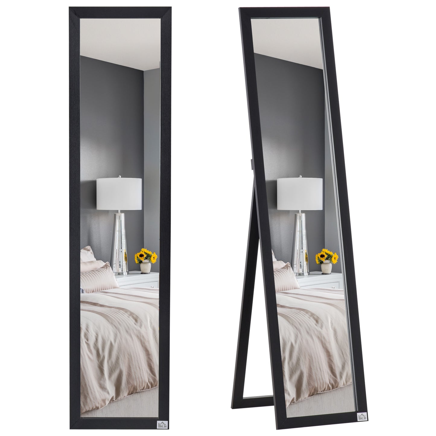 Floor and Wall Mirror with Foldable Support and MDF Frame, 37x48x152cm, Black