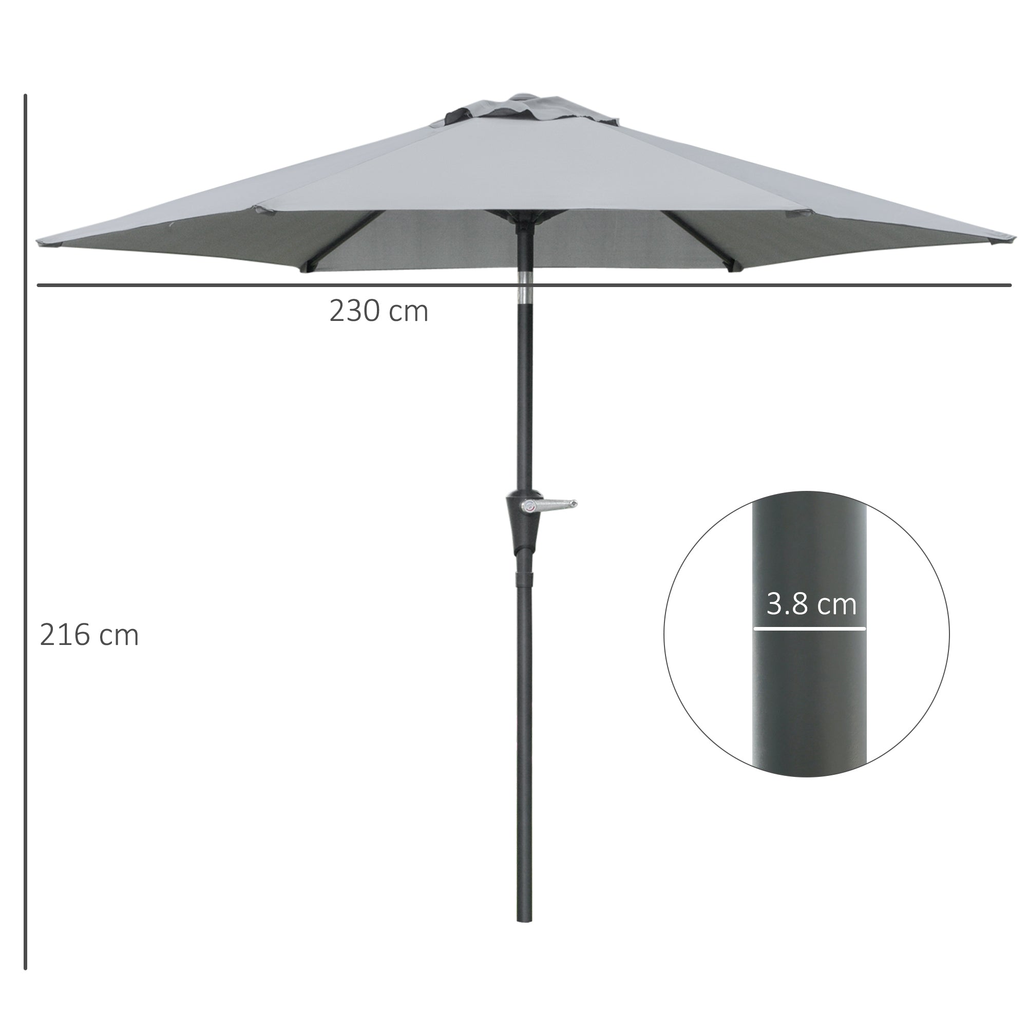 Tilting Garden Umbrella 2.3x2m with Crank Opening and 6 Ribs, Gray - Borgè