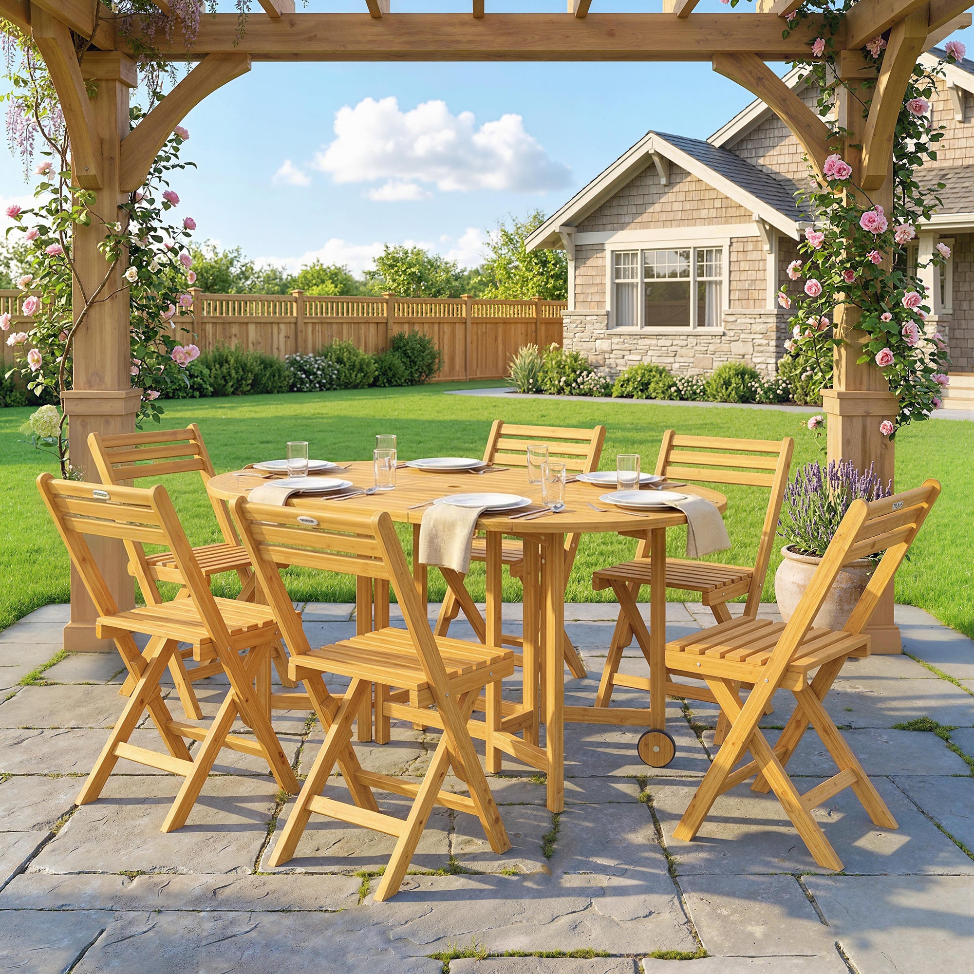 Outsunny 7-Piece Extendable Wooden Dining Set with 6 Folding Chairs for Garden