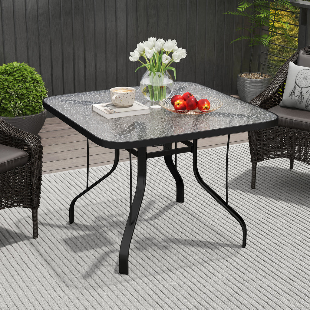 4-seater square garden table with glass top and hole for umbrella Ø54 mm, black