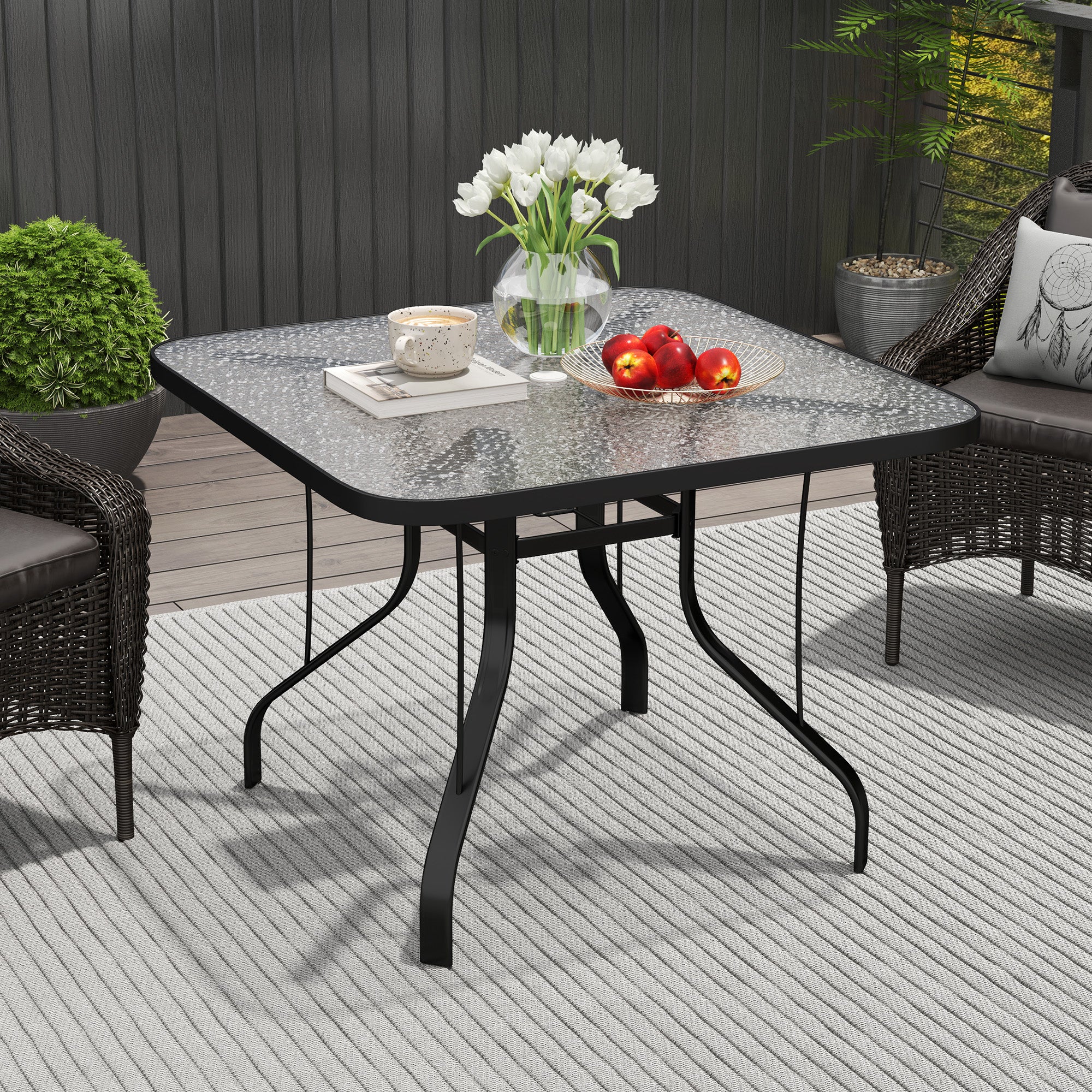 4-seater square garden table with glass top and hole for umbrella Ø54 mm, black