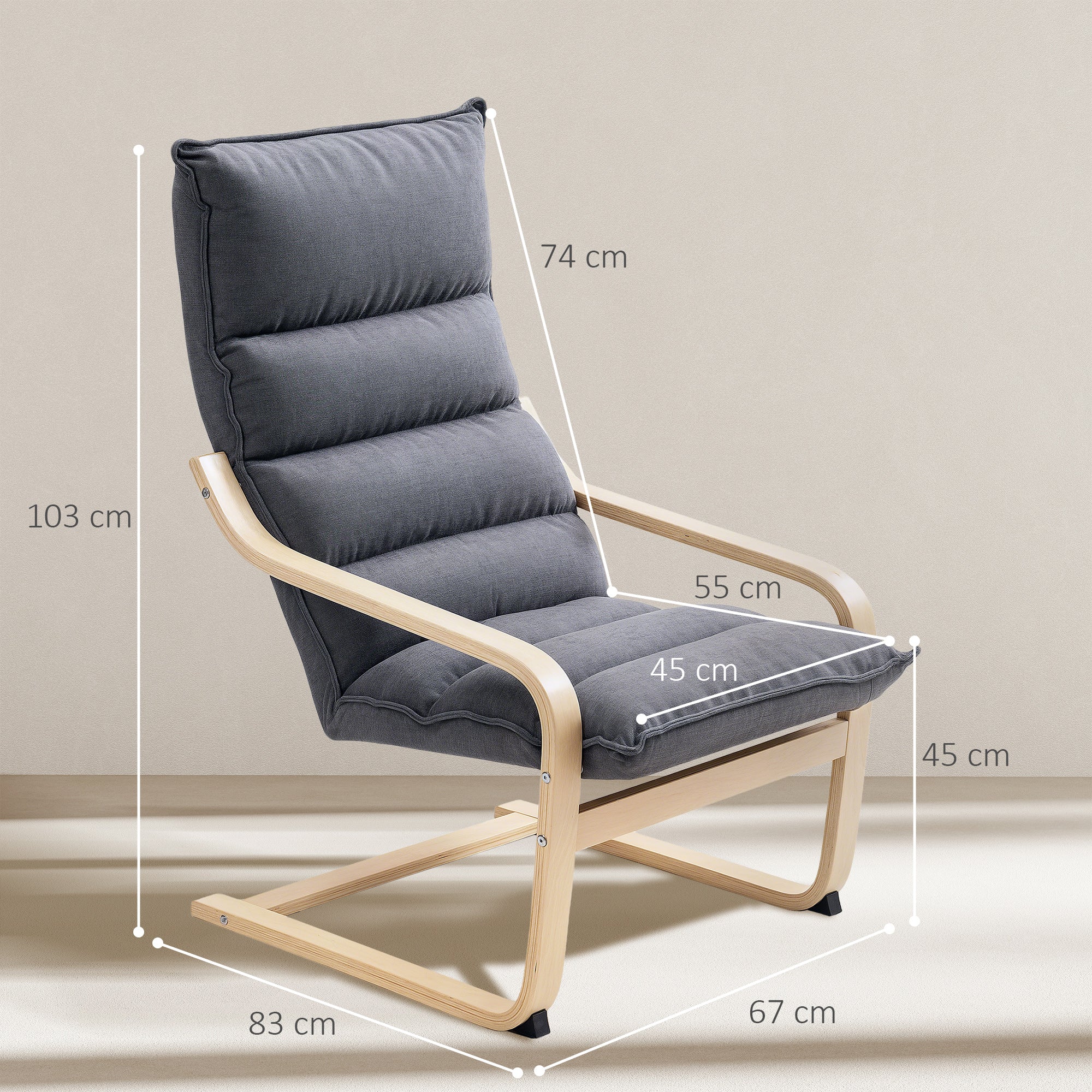 Modern Rocking Chair with Wooden Armrests and Thick Velvet Cushions, 67x83x105 cm, Grey
