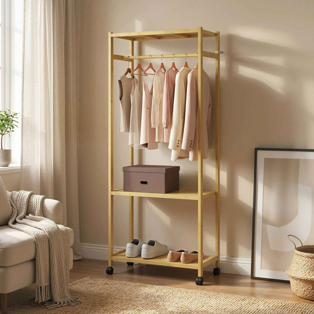 HOMCOM Freestanding Coat Rack with Rail, Shelves and 4 Bamboo Wheels, 70x35x175 cm, Natural Wood