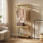 HOMCOM Freestanding Coat Rack with Rail, Shelves and 4 Bamboo Wheels, 70x35x175 cm, Natural Wood