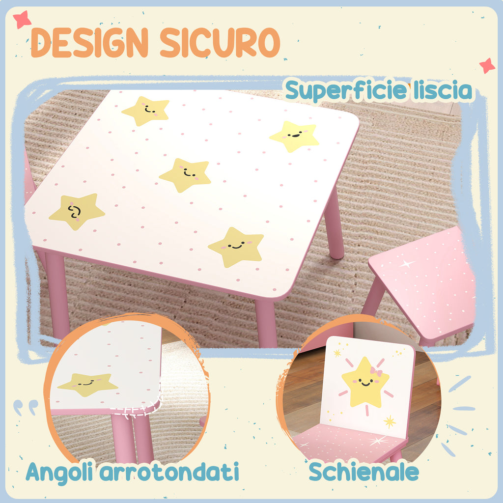 Children's Room Furniture Set with Table and 2 Chairs for Children Ages 3-8 with Star Pattern, Pink