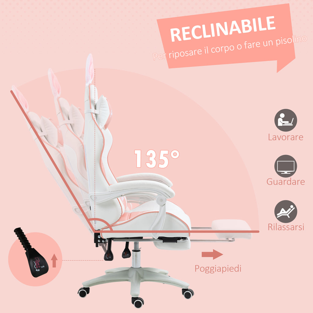 Ergonomic Gaming Chair with Ears, Removable Footrest, Lumbar Cushion and Headrest, Pink