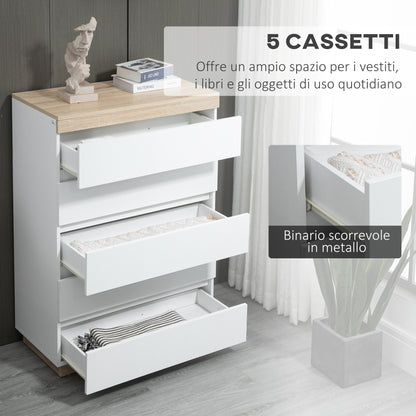 Minimal 5 Drawer Chest of Drawers in Wood, 80x40x109 cm, White and Oak Color