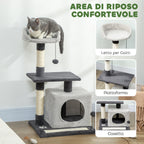 Cat Tree, 85 cm Tall, with House, Bed, Posts and Scratching Mat, Grey