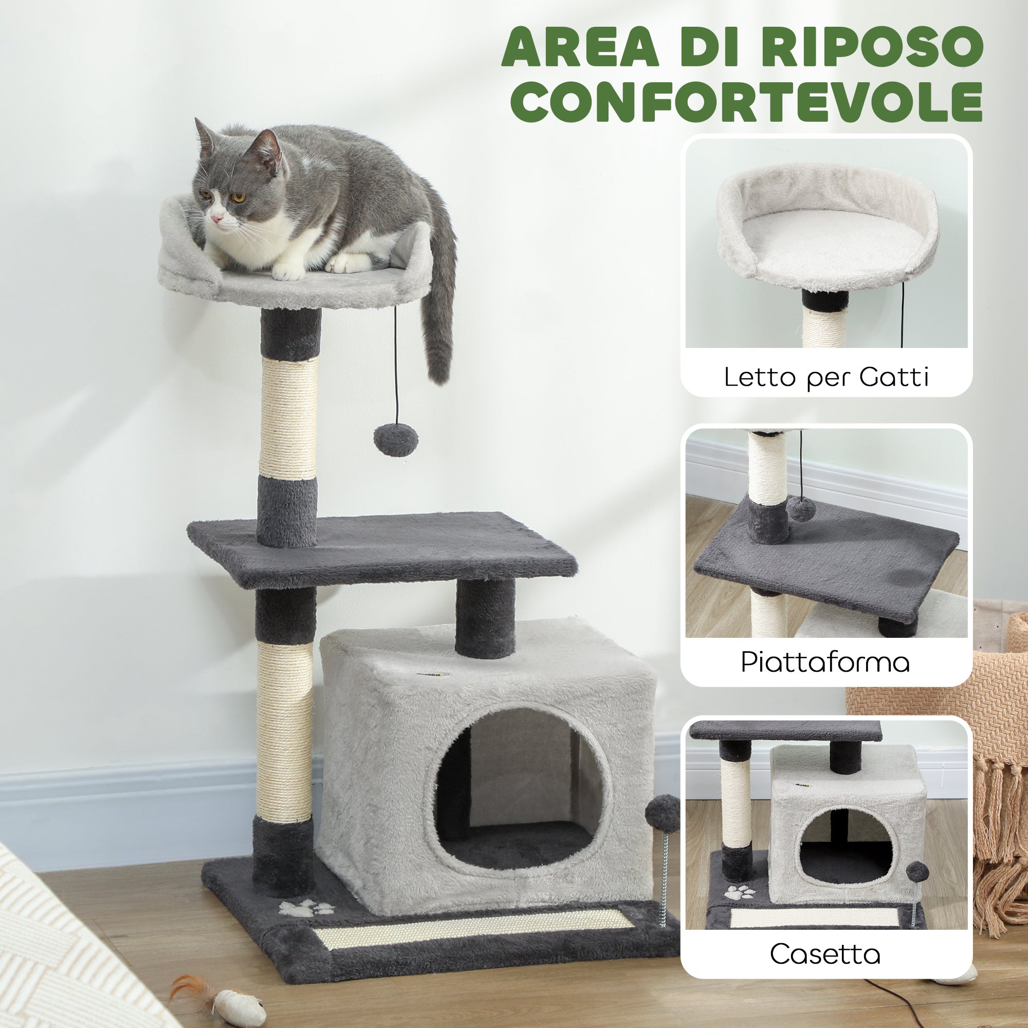 Cat Tree, 85 cm Tall, with House, Bed, Posts and Scratching Mat, Grey