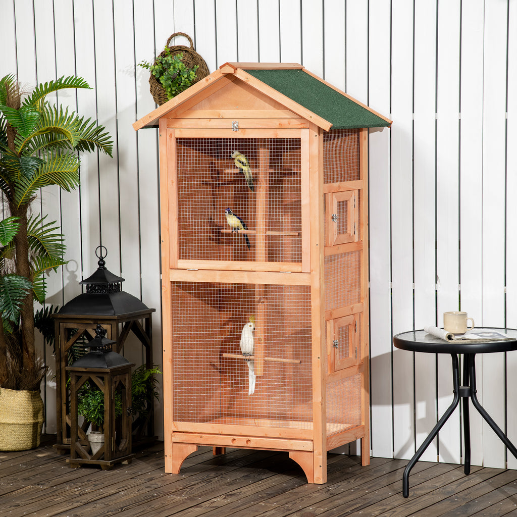 3-Door Wood and Metal Bird Cage with 4 Perches and Removable Tray, 80.5x57x153 cm, Orange