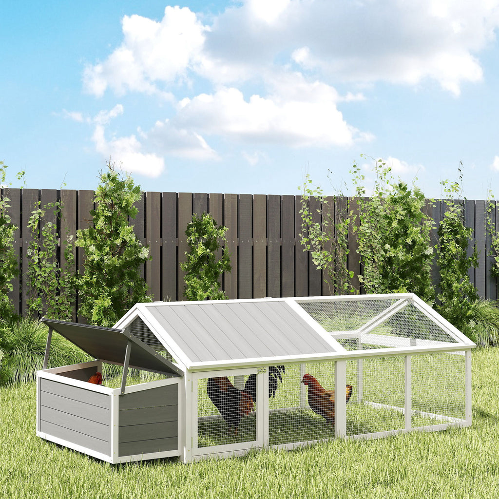 PawHut Wooden Chicken Coop for 4-8 Chickens with Wire Mesh and Opening Roof, 240x112.5x76 cm, White
