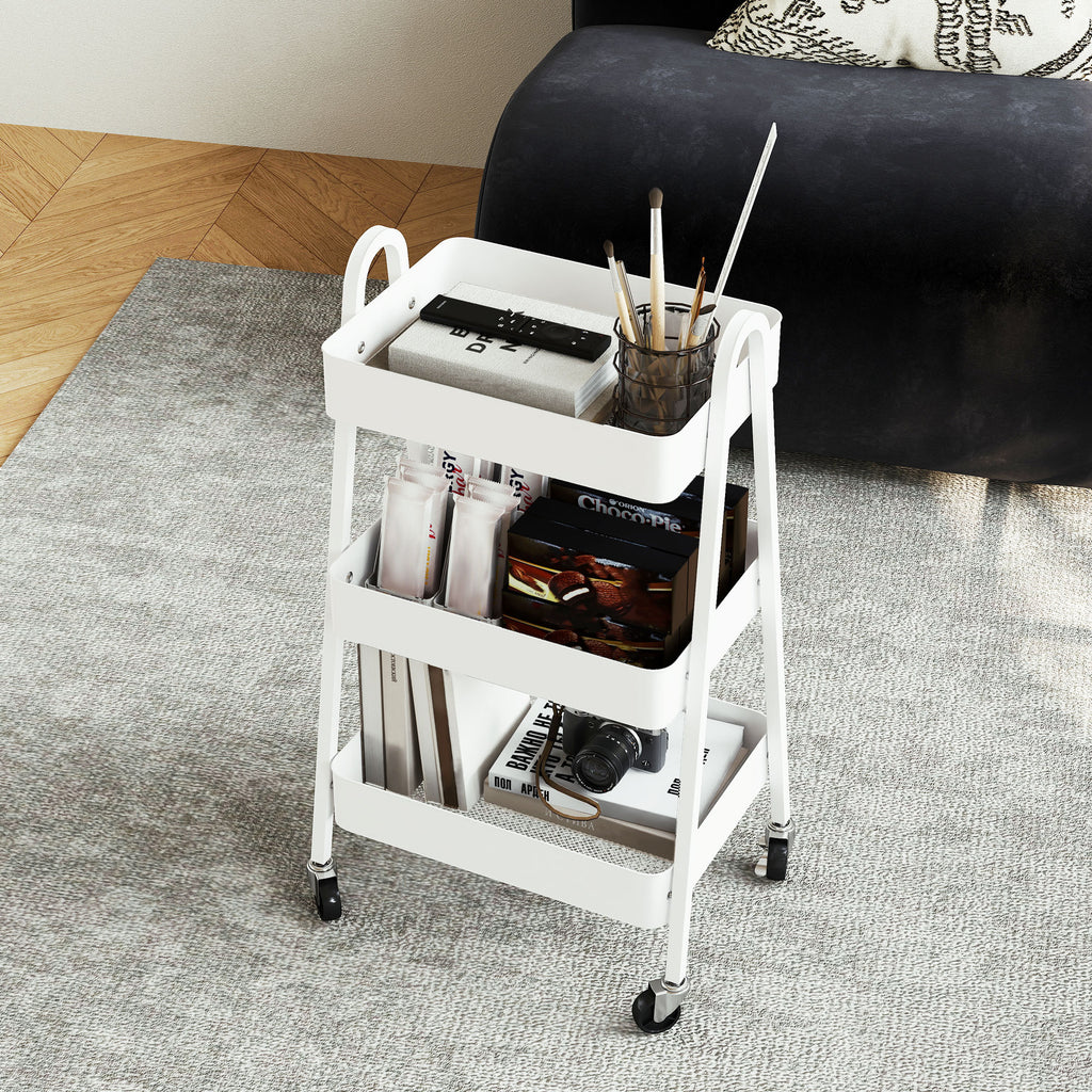 Multipurpose 3-Tier Kitchen Trolley, Swivel Wheels with Brake and Handles, White