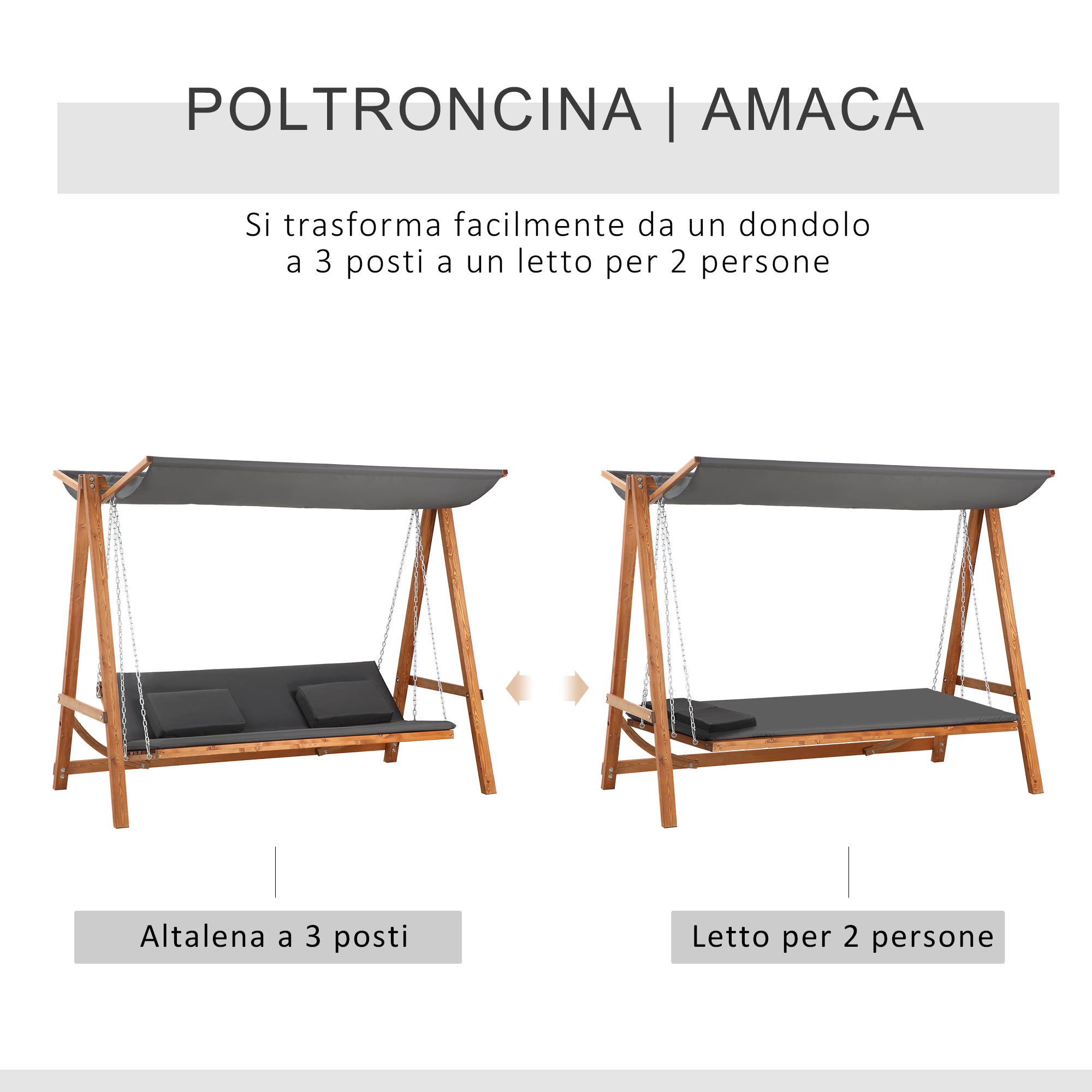 3-Seater Garden Swing Convertible to a Double Bed, 225.5x113x180cm