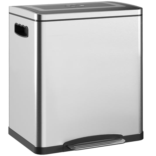 HOMCOM 15L 2-Section Pedal Waste Bin with Silent Lid, in Stainless Steel and PP, 40x34.8x47.5 cm