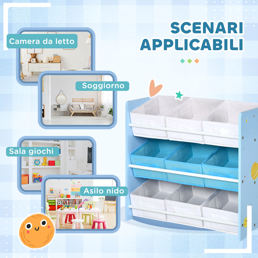 Toy Cabinet with 9 Removable Baskets in MDF and Fabric, 63x30x60cm, Blue