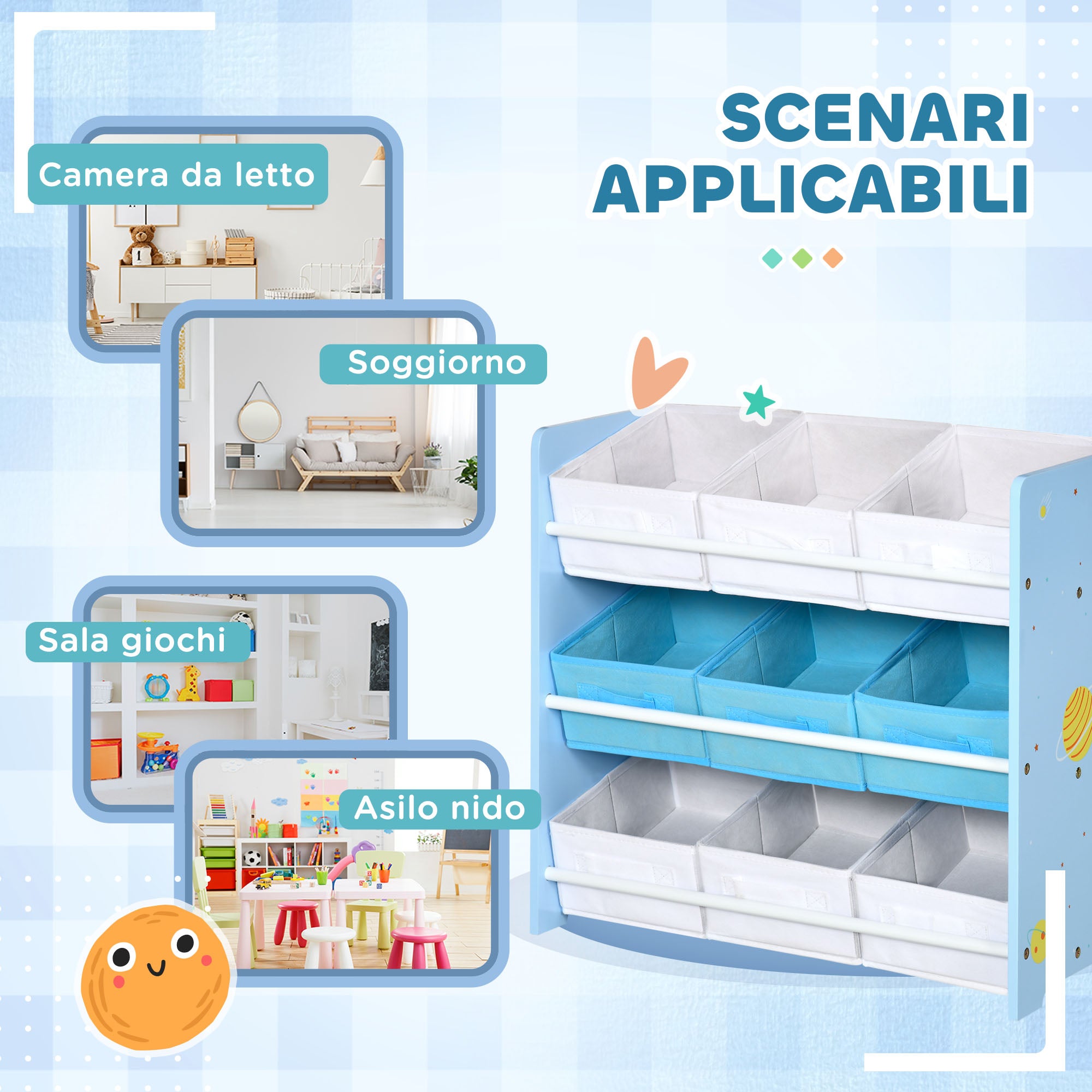 Toy Cabinet with 9 Removable Baskets in MDF and Fabric, 63x30x60cm, Blue