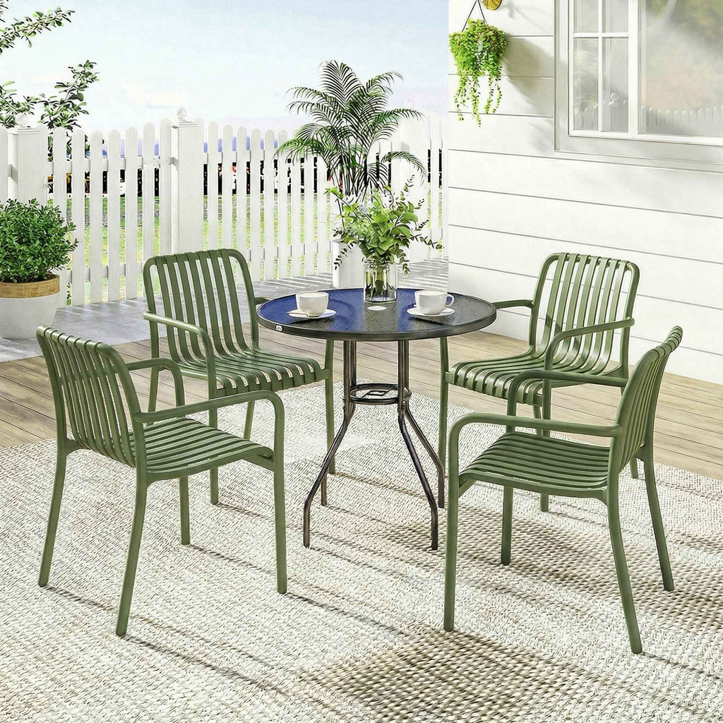 Outsunny Set of 4 Stackable Patio Chairs, Outdoor Dining Chairs with Curved Backrest, Slatted Seat and Armrests