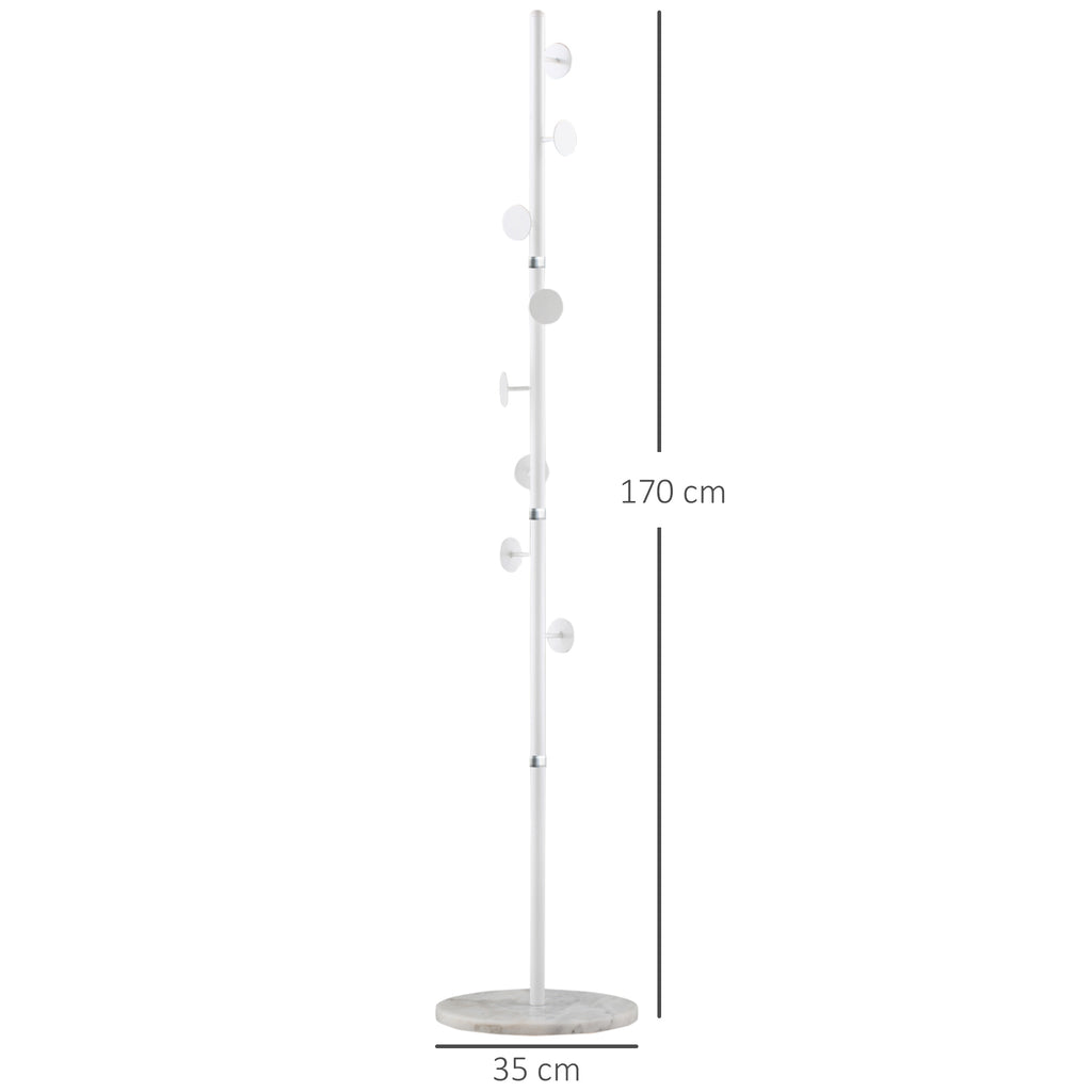 Steel Coat Tree with 8 Hooks and Round Marble Base, 35x35x170 cm, White